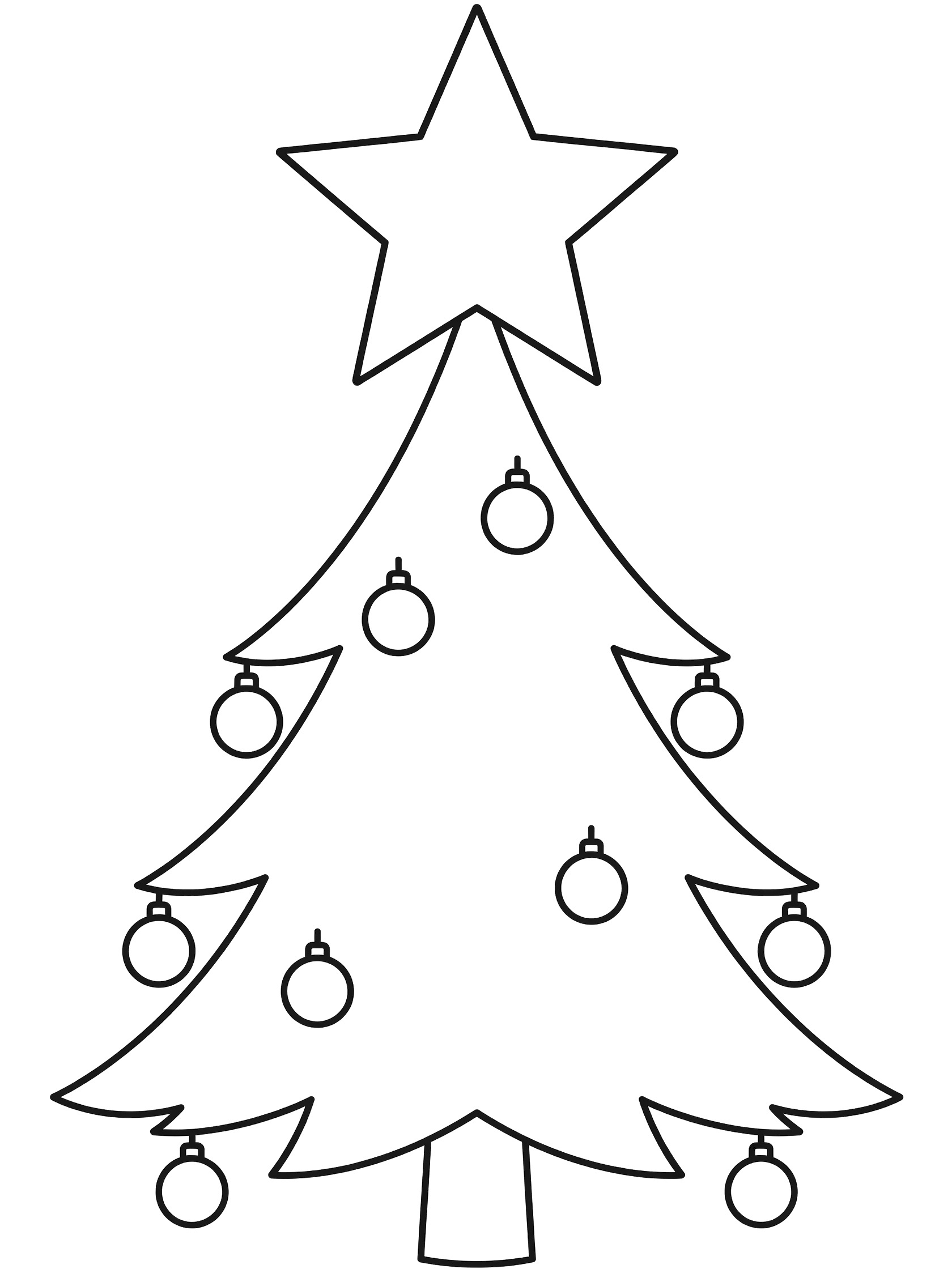 Black and white line art of a Christmas tree with five-pointed star on top and several round ornaments on branches, coloring book style