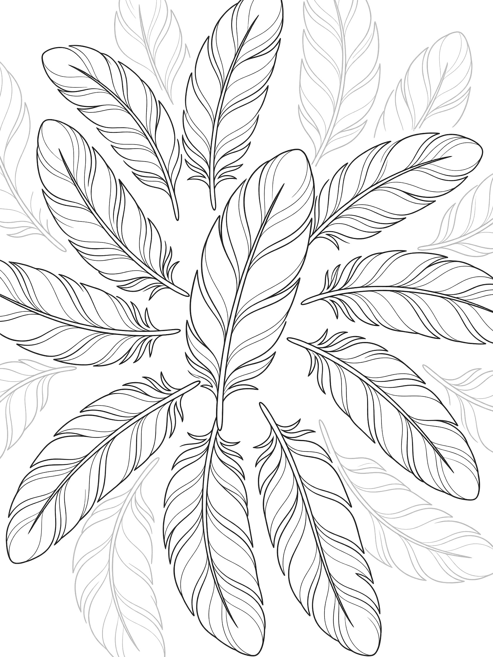 Black and white line art of a simple feather mandala coloring page featuring a large central feather with radiating symmetrical feather patterns.