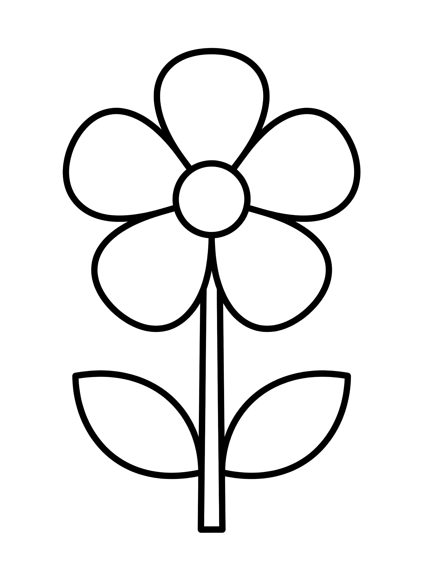 Black and white line art coloring page showing a single flower with five rounded petals, small center, slender stem, and two heart-shaped leaves. Violet themed black and white printable line art