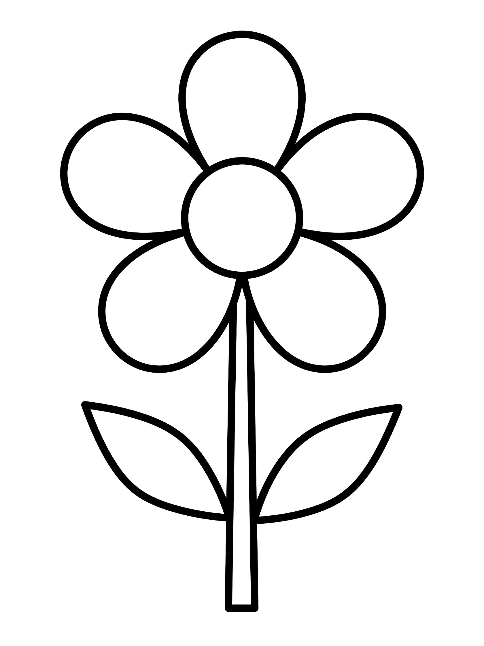 Black and white line drawing of a simple flower with five oval petals around a circle center on a straight stem with two leaves. Violet themed black and white printable line art