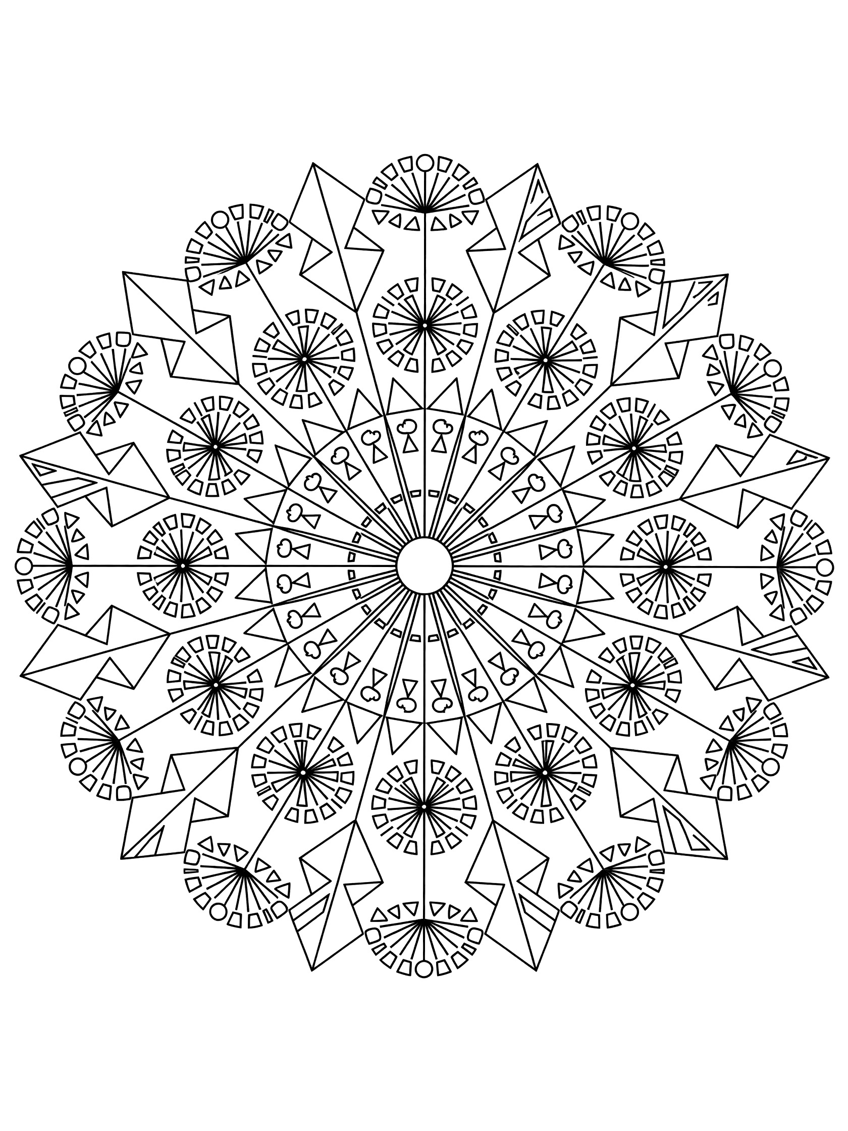 Black and white Dandelion Mandala coloring page featuring geometric seed heads, stems, and leaves in repeating patterns around a central circle.