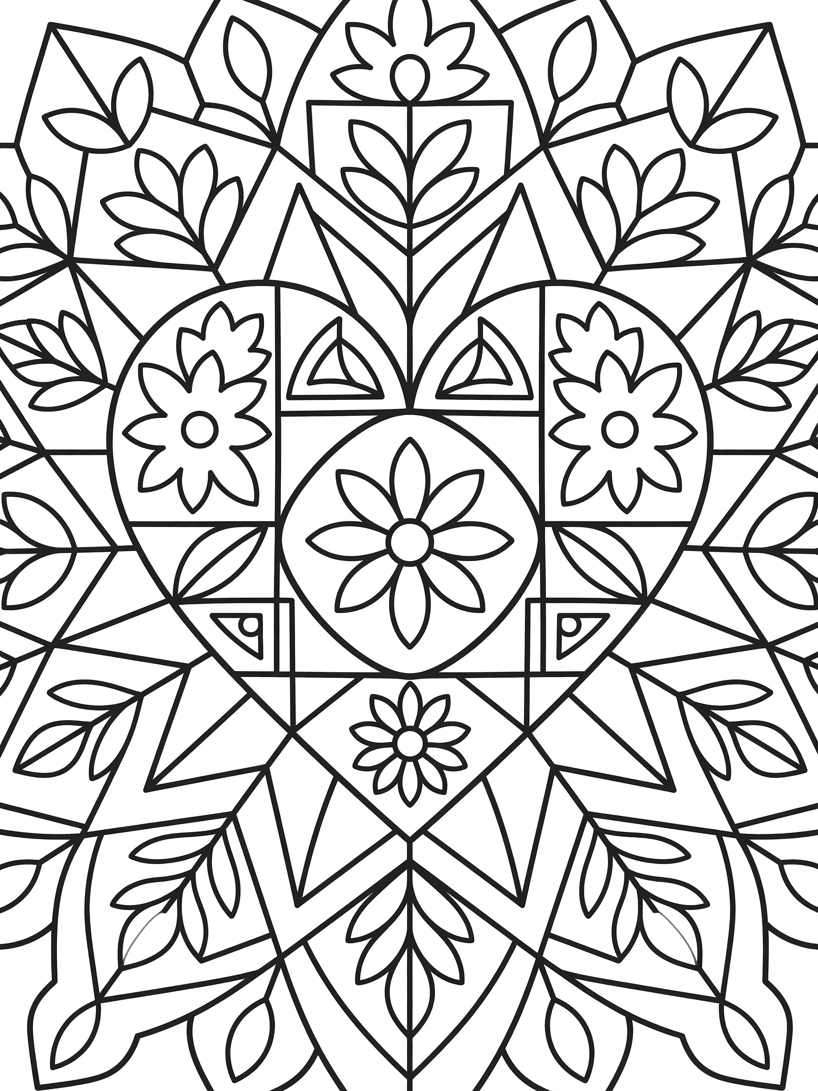 Symmetrical geometric heart mandala line art coloring page featuring triangles, circles, leaves, vines, and daisy-like flowers in bold outlines.