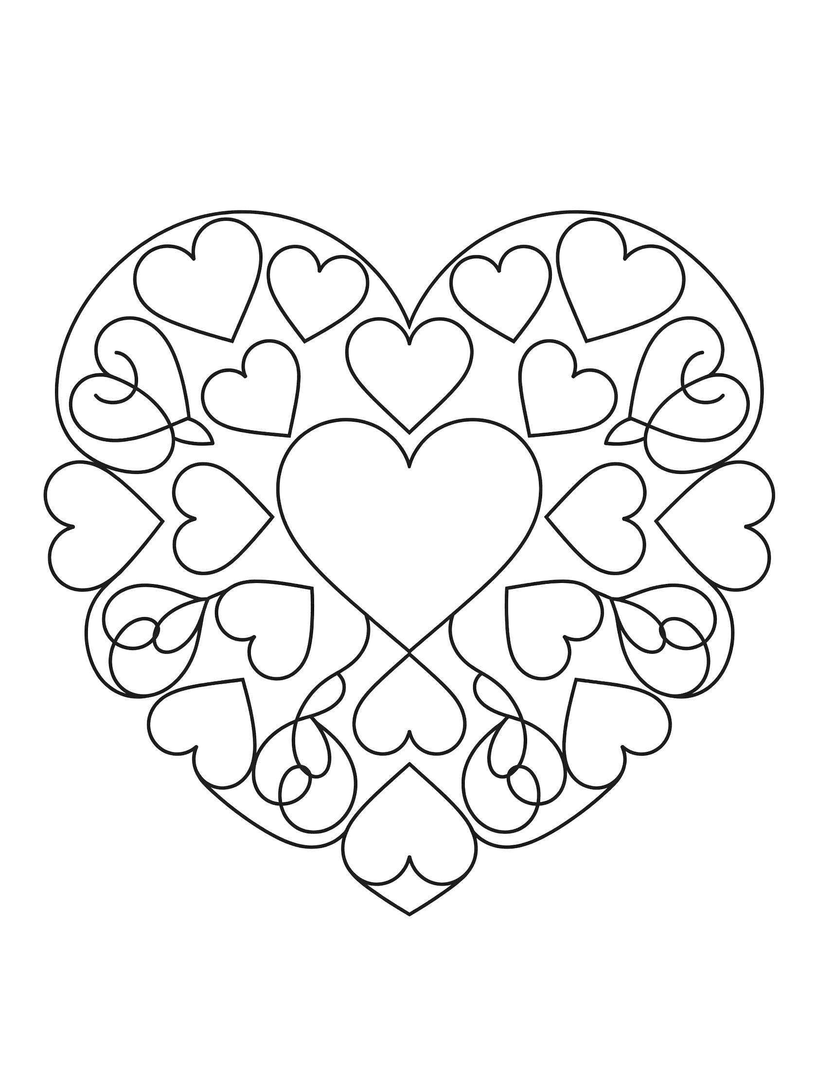 Black and white line art of a simple heart mandala coloring page featuring a large central heart with symmetrical smaller hearts and curving lines.