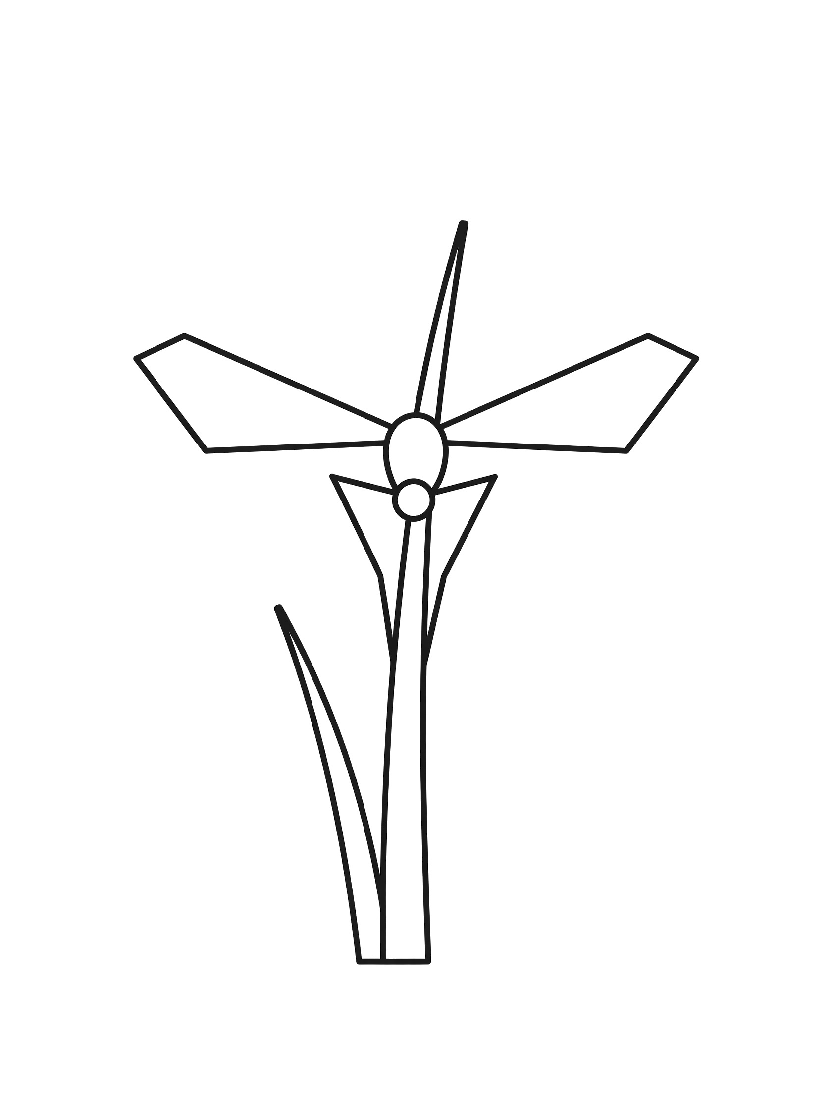 Black and white line art coloring page showing a geometric insect with three wings and thin body sitting on a single straight grass blade, clean outlines on white background. Mosquito themed black and white printable line art