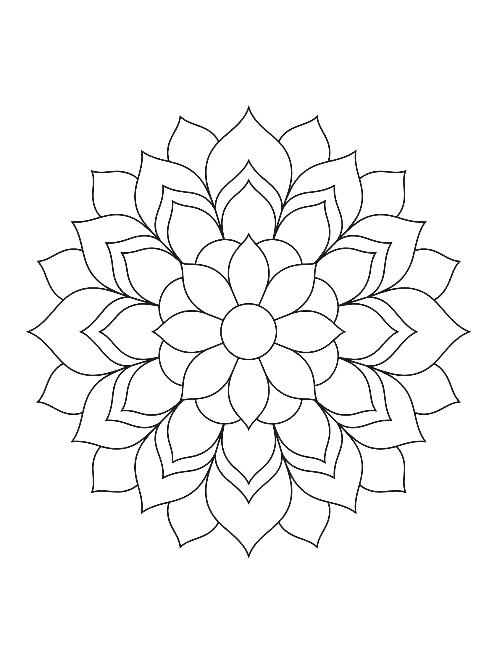 Black and white coloring page of a simple symmetrical lotus mandala with curving layered petals and clean outlines.