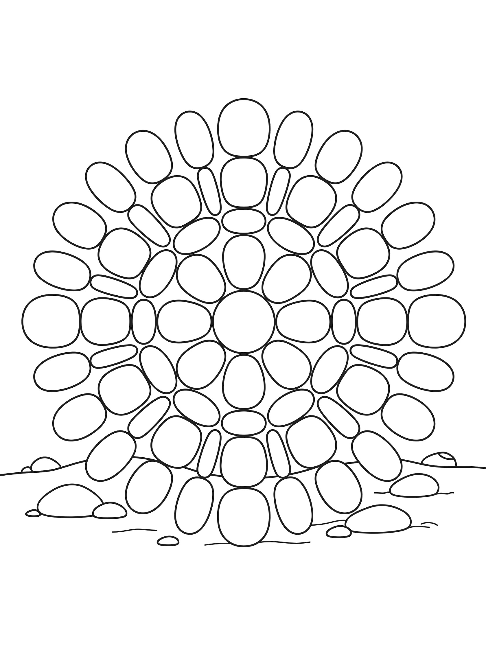 Simple pebble mandala coloring page with oval-shaped pebbles in concentric circles and radiating lines on white background