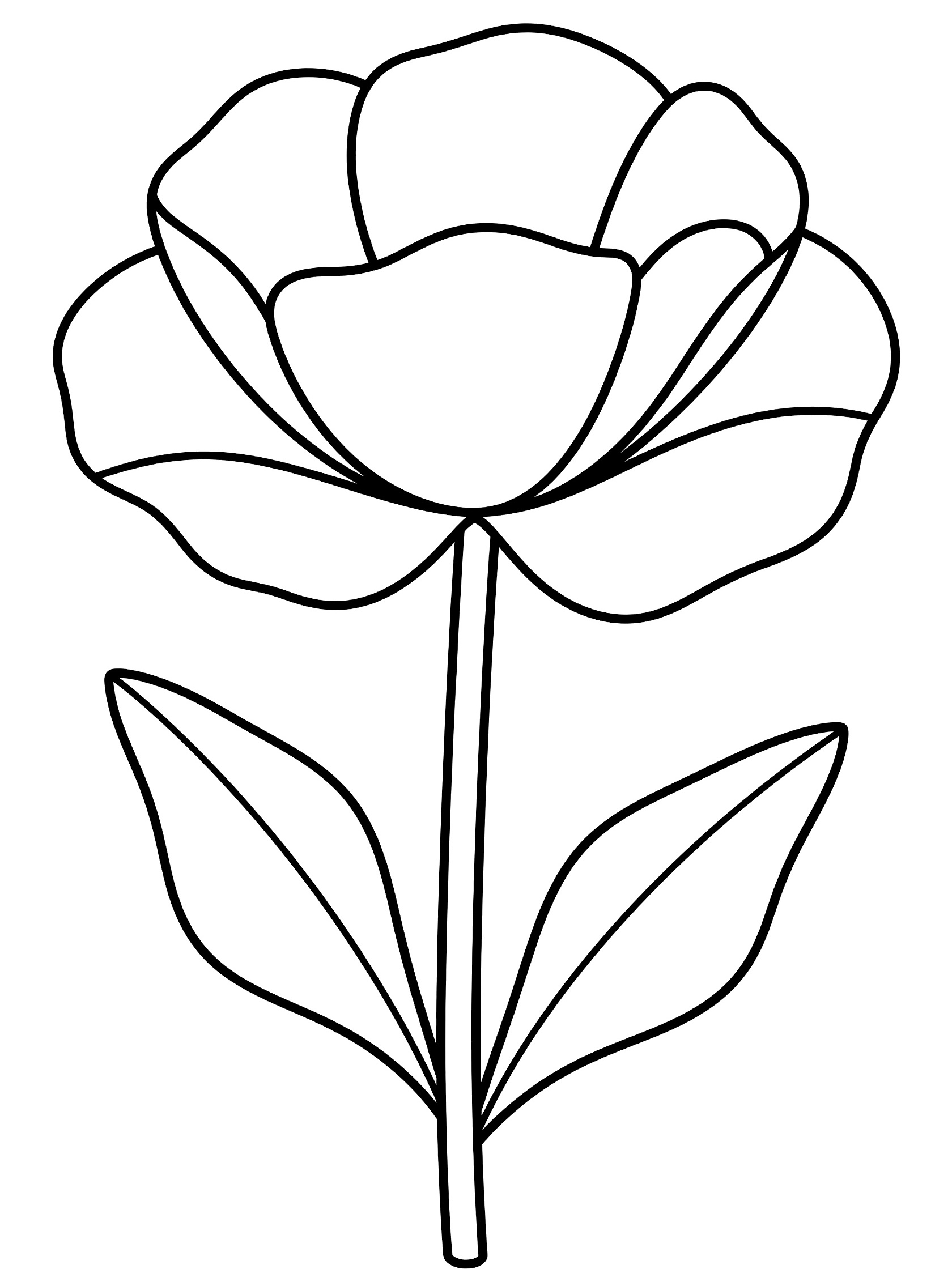 Black and white line art of a large poppy flower with wide petals, straight stem and two leaves, perfect for kids coloring.
