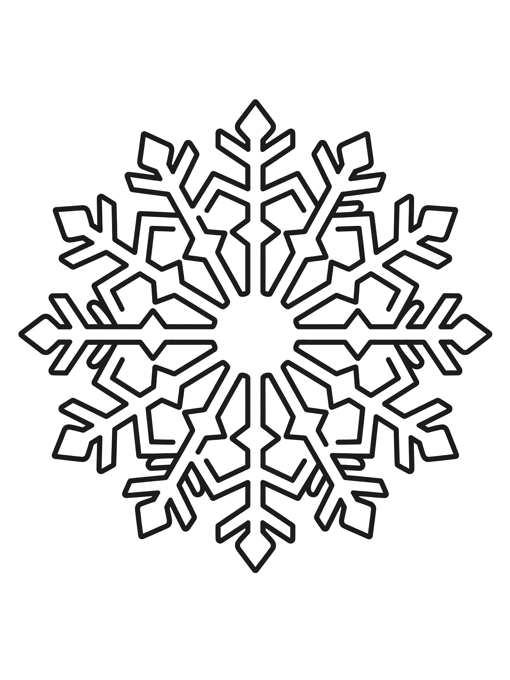 Black and white line art of a simple geometric snowflake mandala with repeating hexagons, stars, and delicate branching arms on a white background.