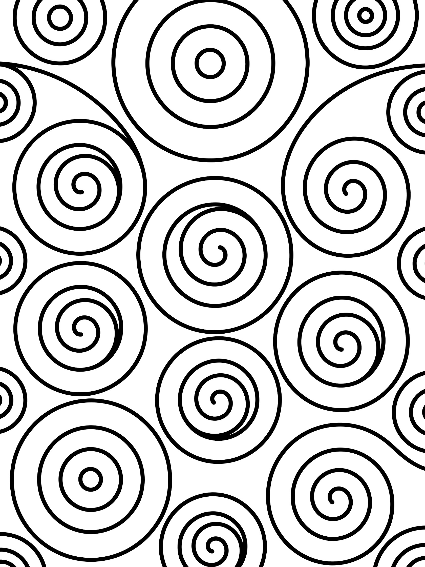 Black and white printable coloring page featuring overlapping circles and spiral patterns in a simple geometric design.