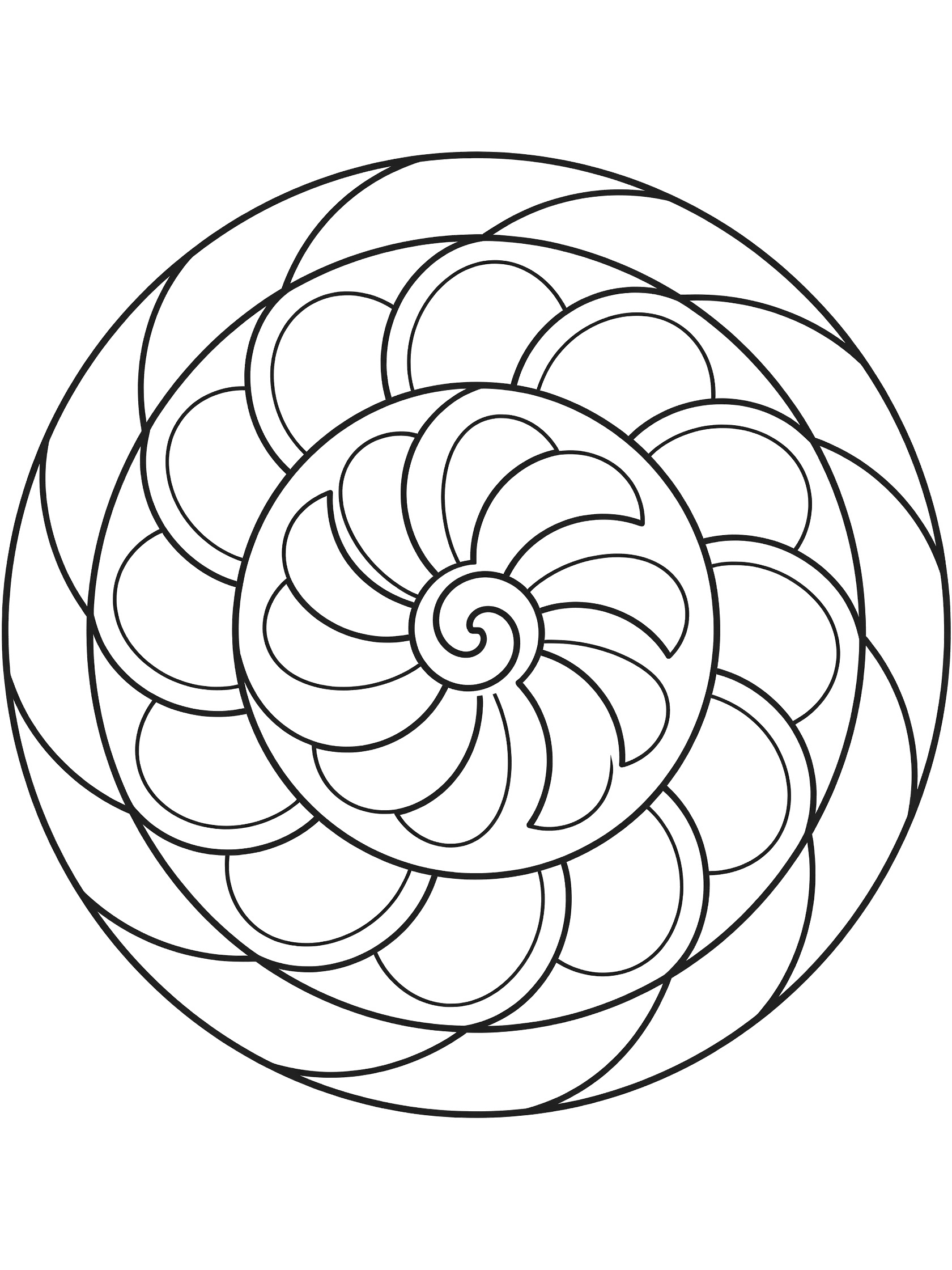 Black and white spiral mandala coloring page featuring a central smooth spiral expanding into symmetrical swirling petals and overlapping rings.