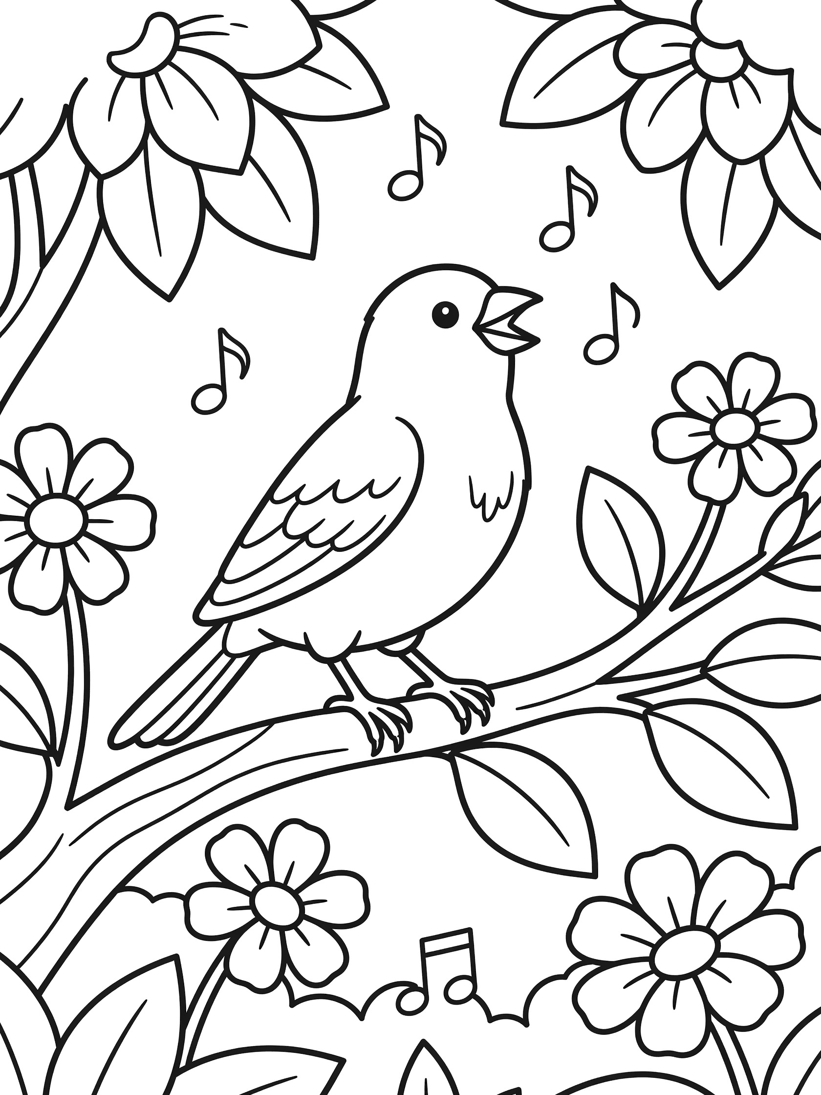 Black and white line art coloring page showing a cheerful bird with open beak singing on a branch, surrounded by musical notes, leaves and flowers. Canary themed black and white printable line art