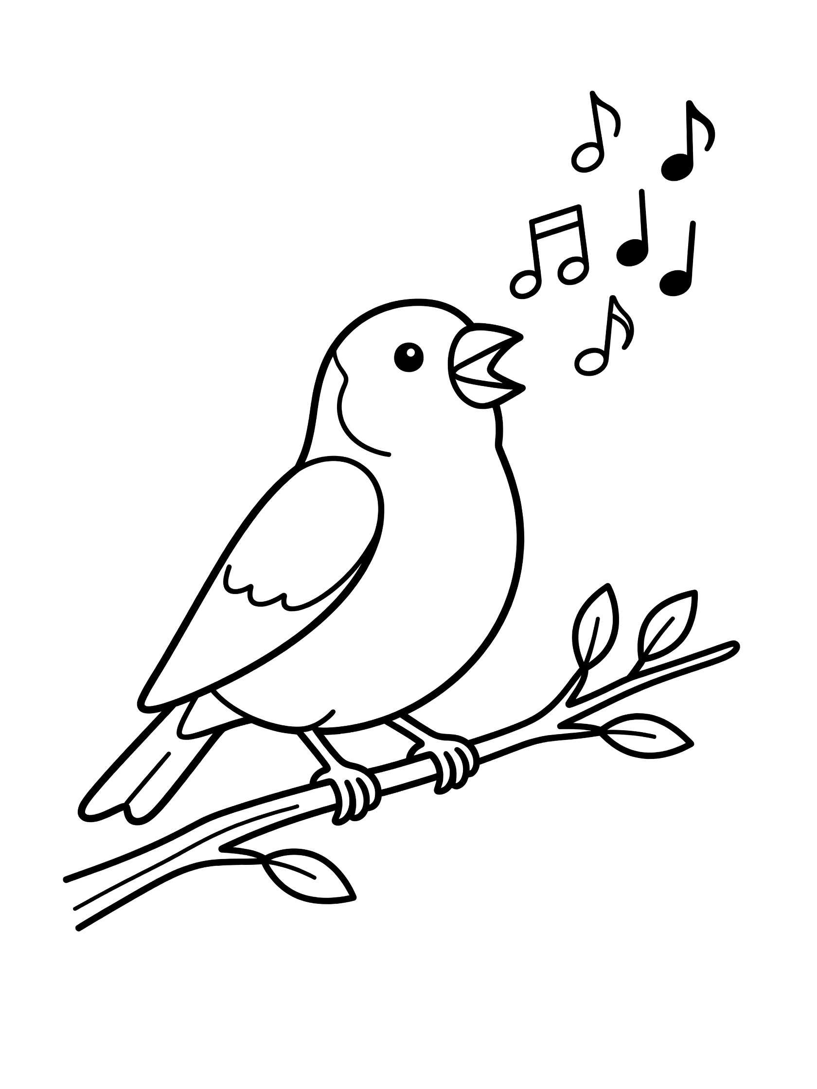 Black and white line drawing of a cheerful bird perched on a thin branch, beak open singing with floating musical notes and leaves. Finch themed black and white printable line art