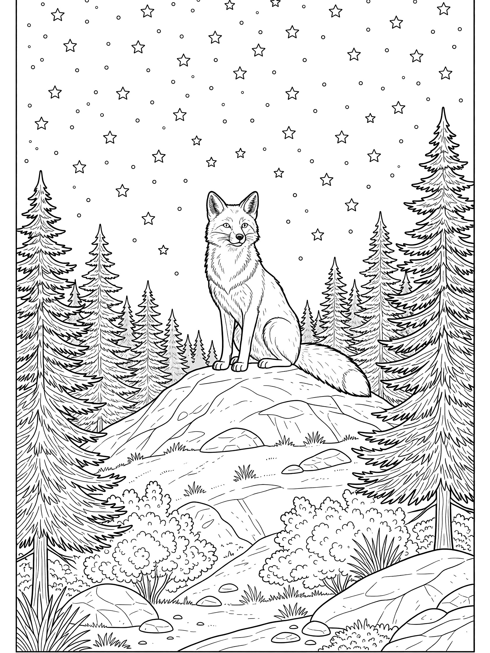 Black and white line art coloring page of a fox sitting on rocks on a hilltop with pine trees, bushes, stars in the sky, and forest silhouettes.