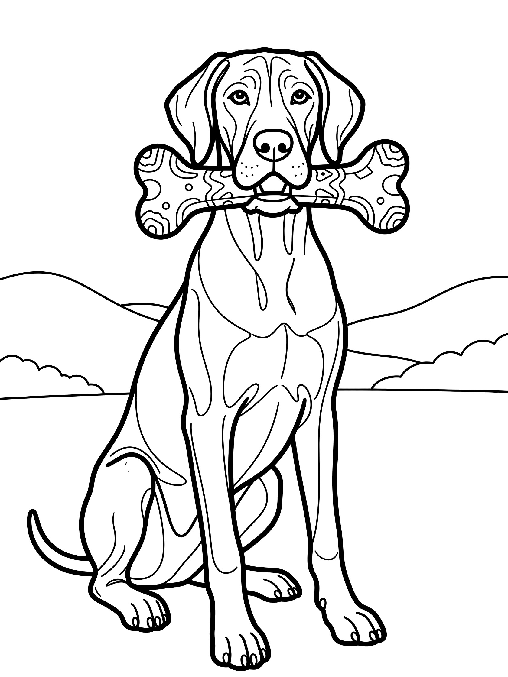 Black and white line art coloring page showing a Great Dane dog sitting with a large bone in its mouth and simple hill shapes behind it.