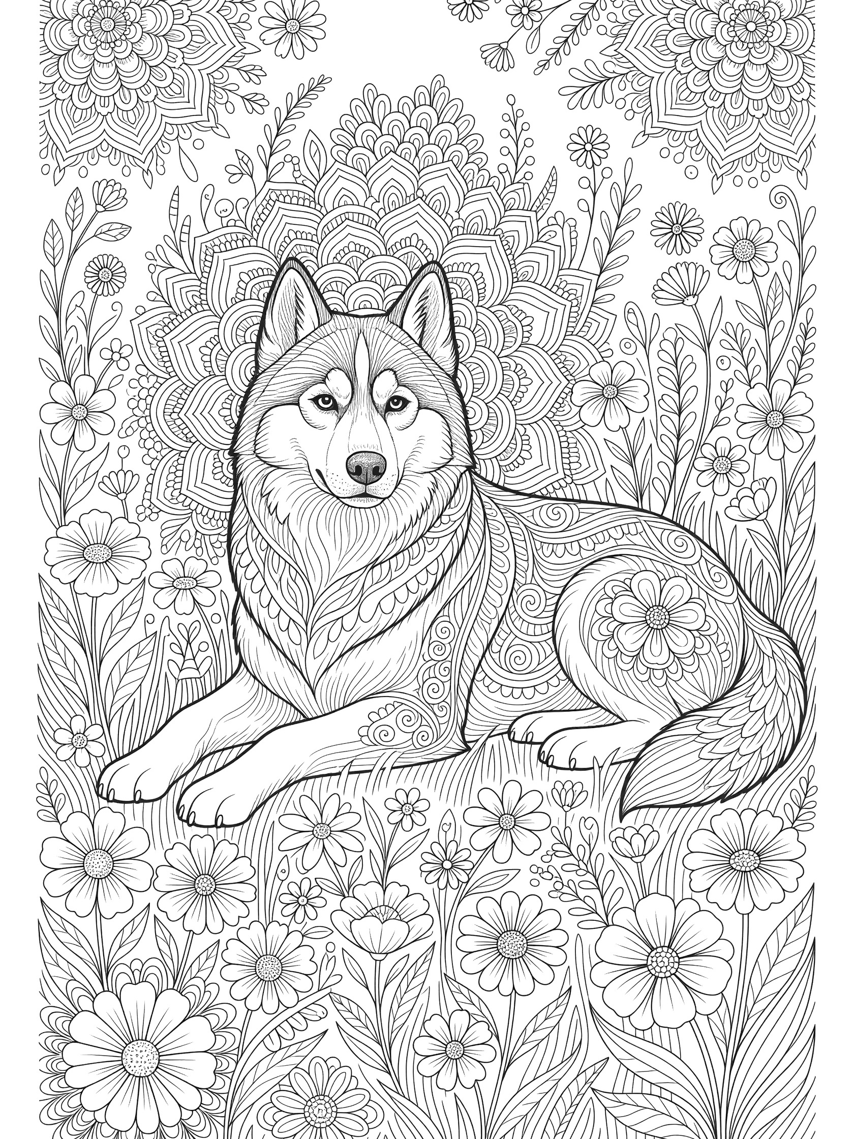 Black and white line art of a husky dog sitting in a meadow filled with flowers and mandala patterns, perfect for coloring.