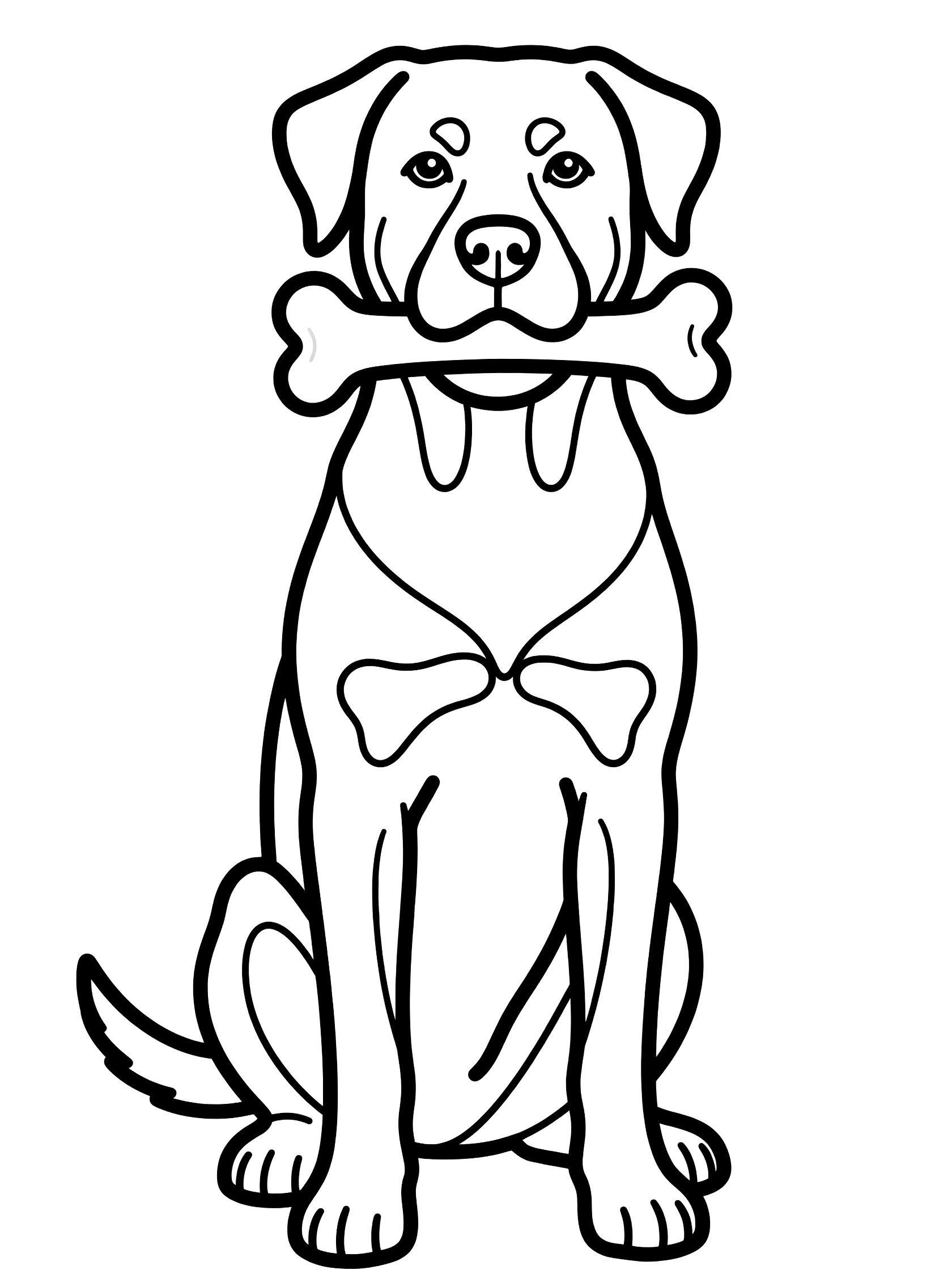 Black and white line art coloring page showing a Rottweiler dog sitting with a large bone in its mouth, ears up and tail wagging. Labrador Retriever themed black and white printable line art