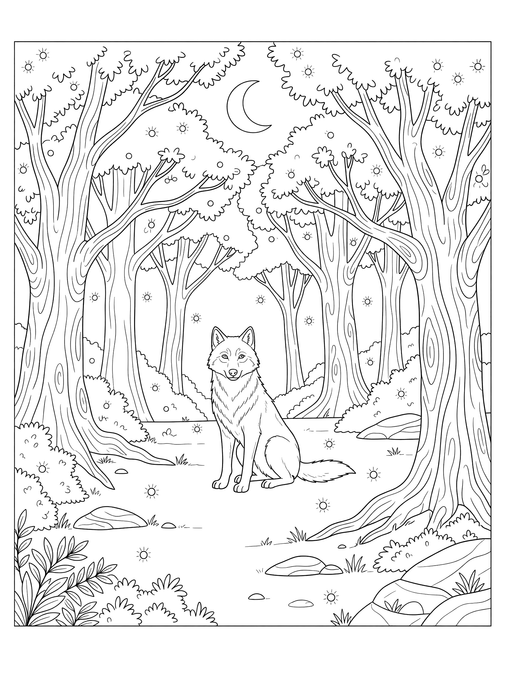Black and white line art coloring page showing a wolf sitting in a forest clearing under a full moon, surrounded by trees, bushes, rocks, and glowing dots like fireflies.