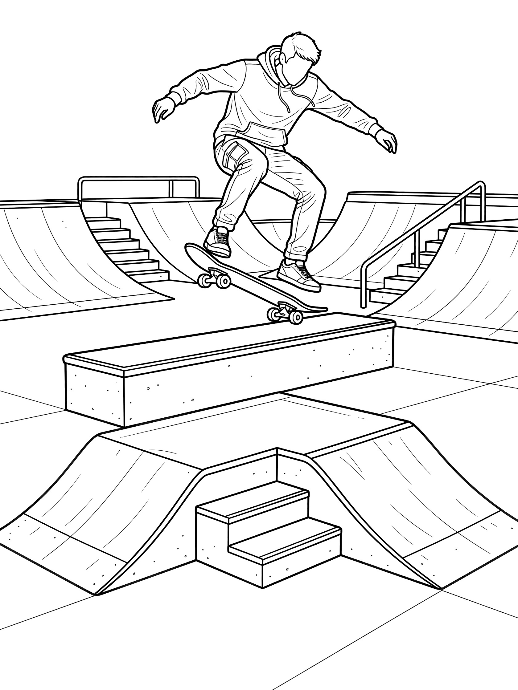 Black and white coloring page of a skateboarder in the air doing a kickflip on a flat ledge at a skate park with ramps and stairs.