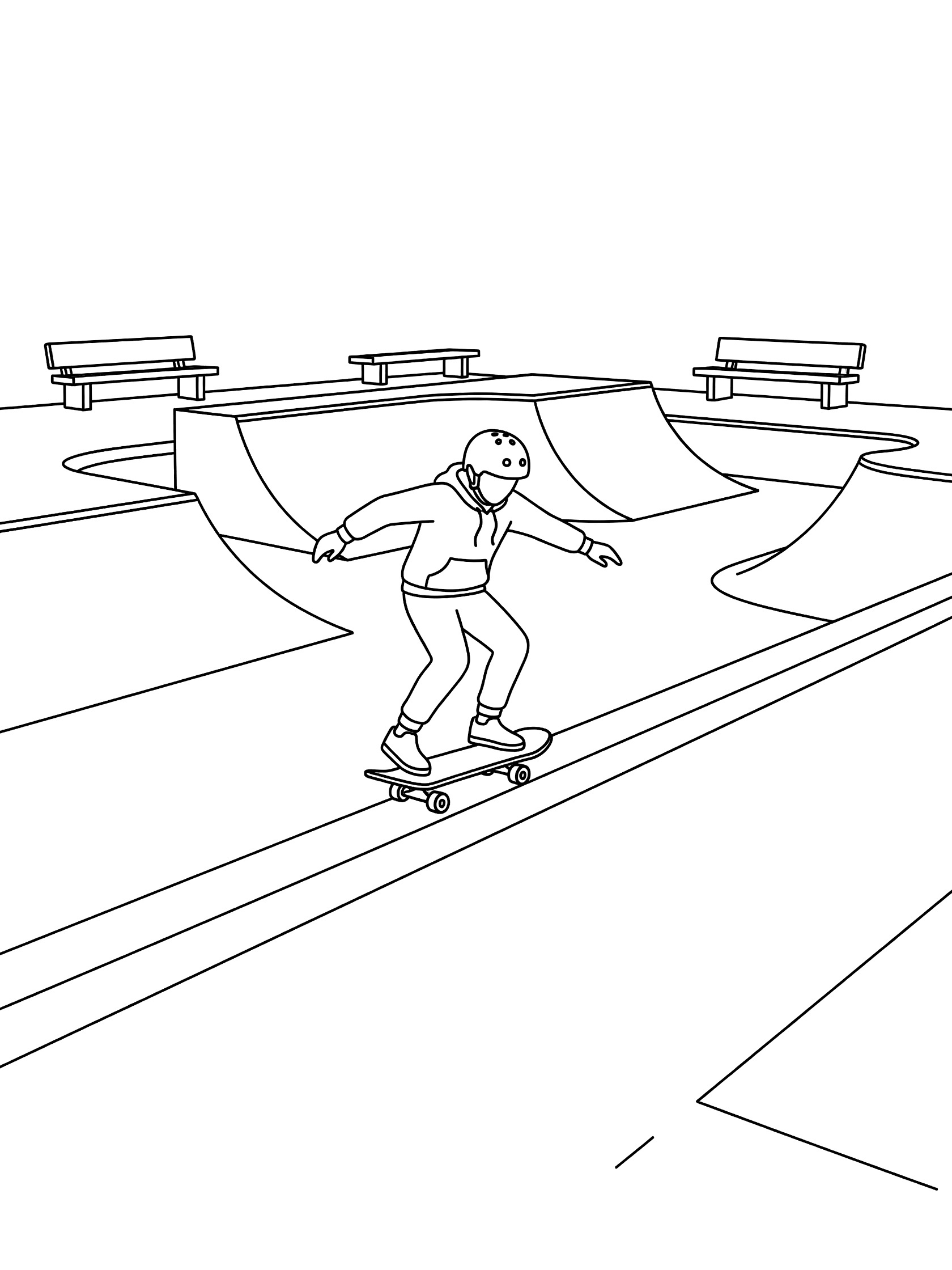 Black and white coloring page showing a skateboarder in a helmet and hoodie balancing on the back wheels of a skateboard along a narrow skate park curb with ramps and benches nearby.