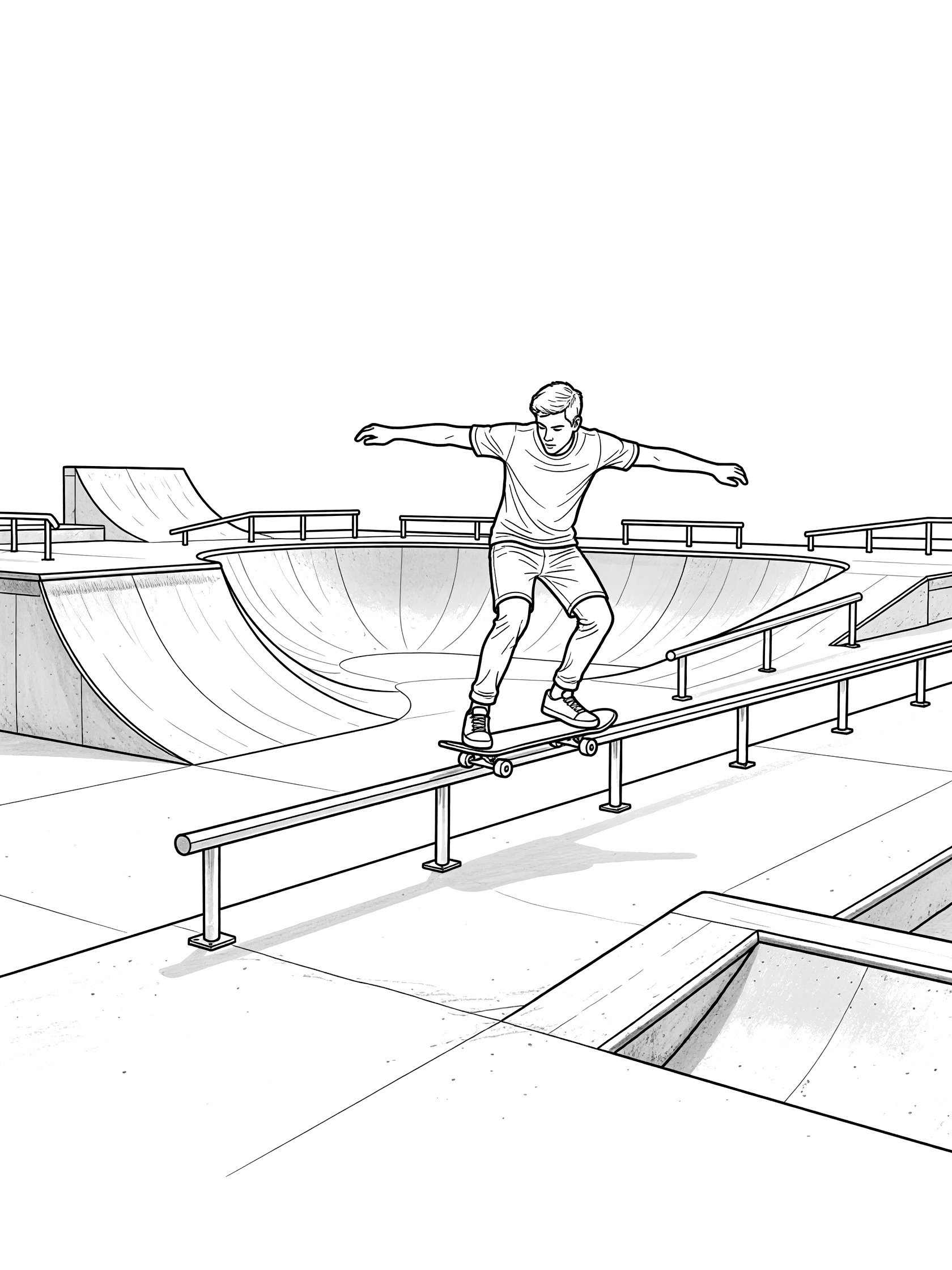 Black-and-white coloring page of a skateboarder balancing on a long metal rail in a skate park with nearby quarter pipes and bowls.