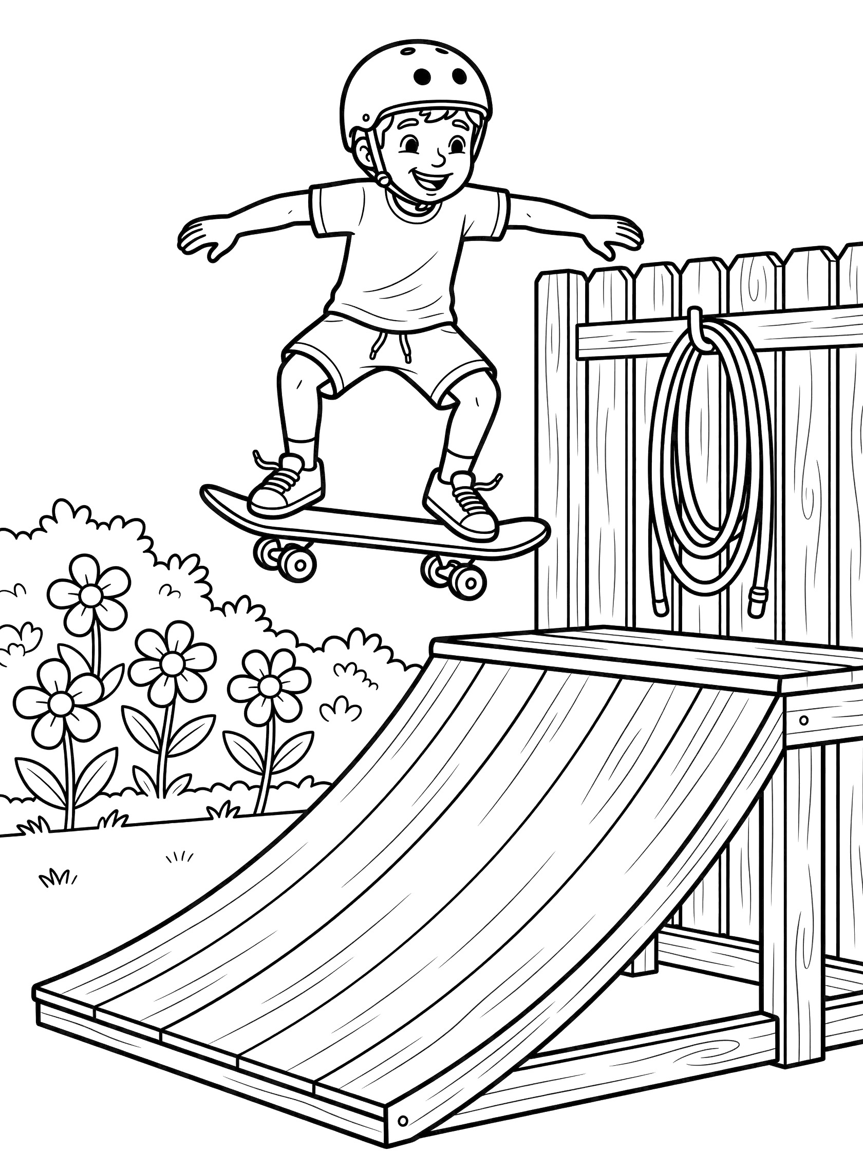 Line art coloring page showing a smiling boy in helmet and shorts performing a kickflip on skateboard jumping from wooden ramp in backyard with fence, garden hose and flowers