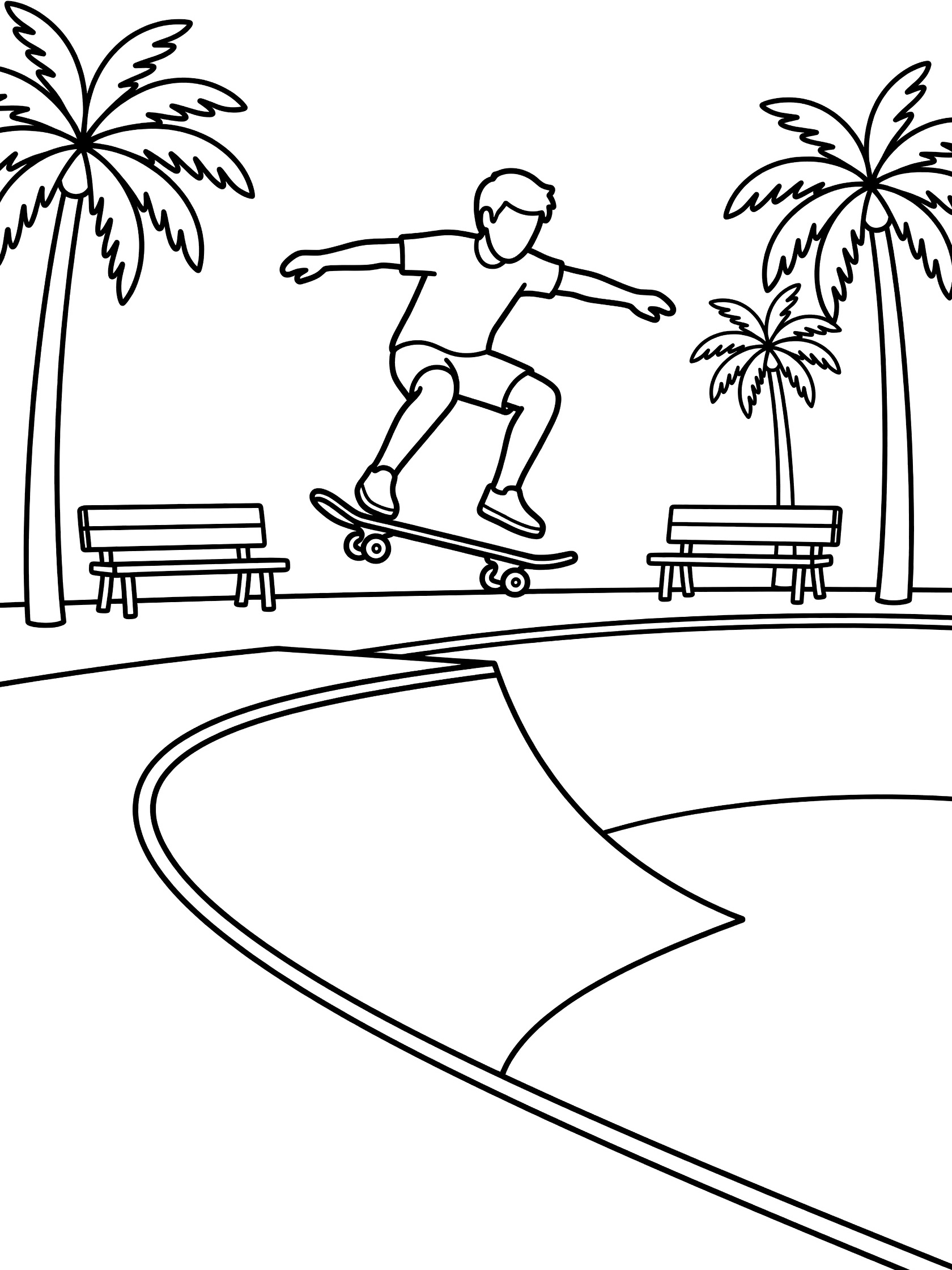 Black and white coloring page showing a kid on a skateboard mid-ollie jumping over a curved ramp, surrounded by palm trees and benches in a skate park.