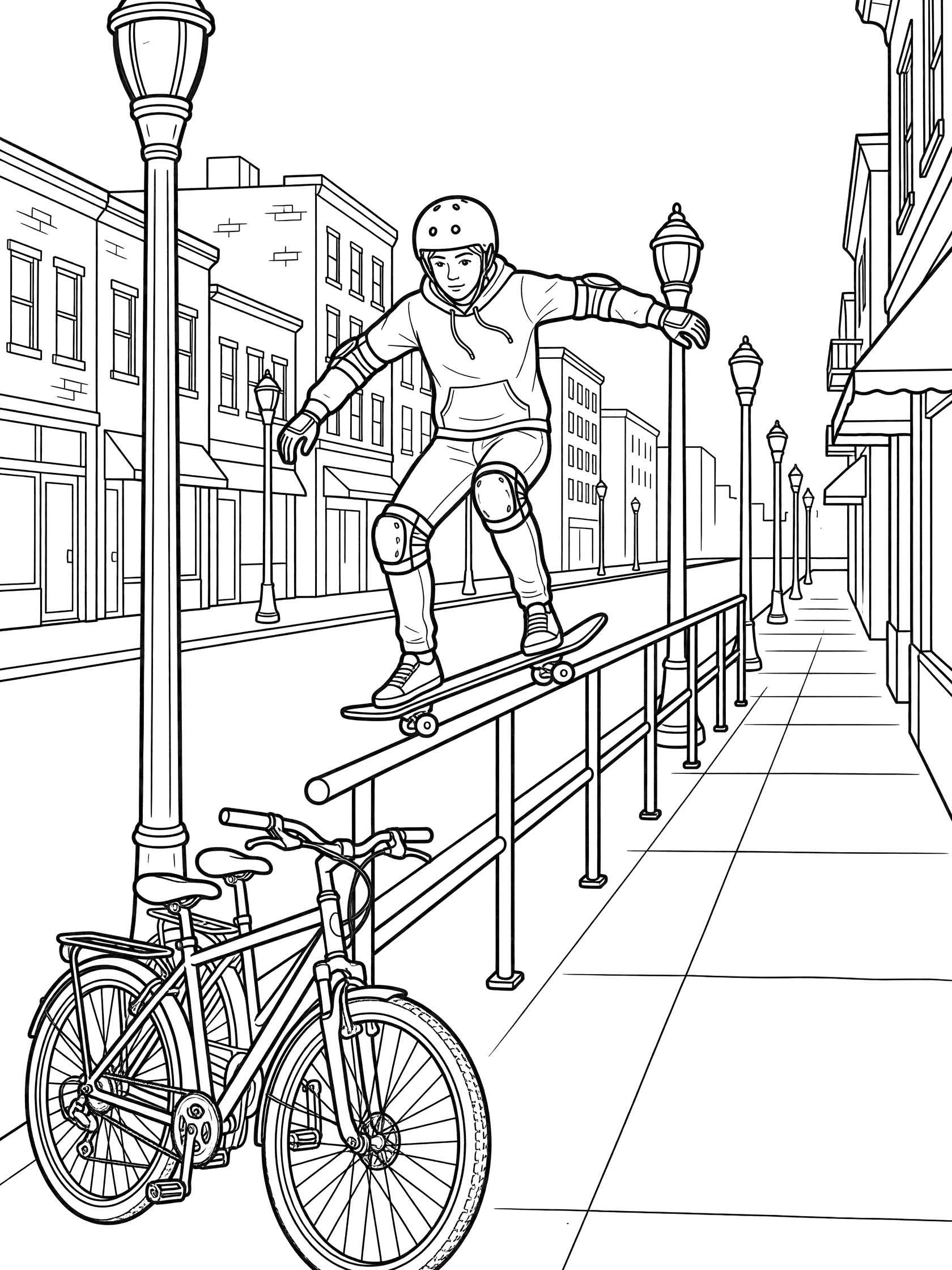 Black and white line art of a skater in a helmet and pads grinding a skateboard on a metal rail next to parked bikes and city street lamps.