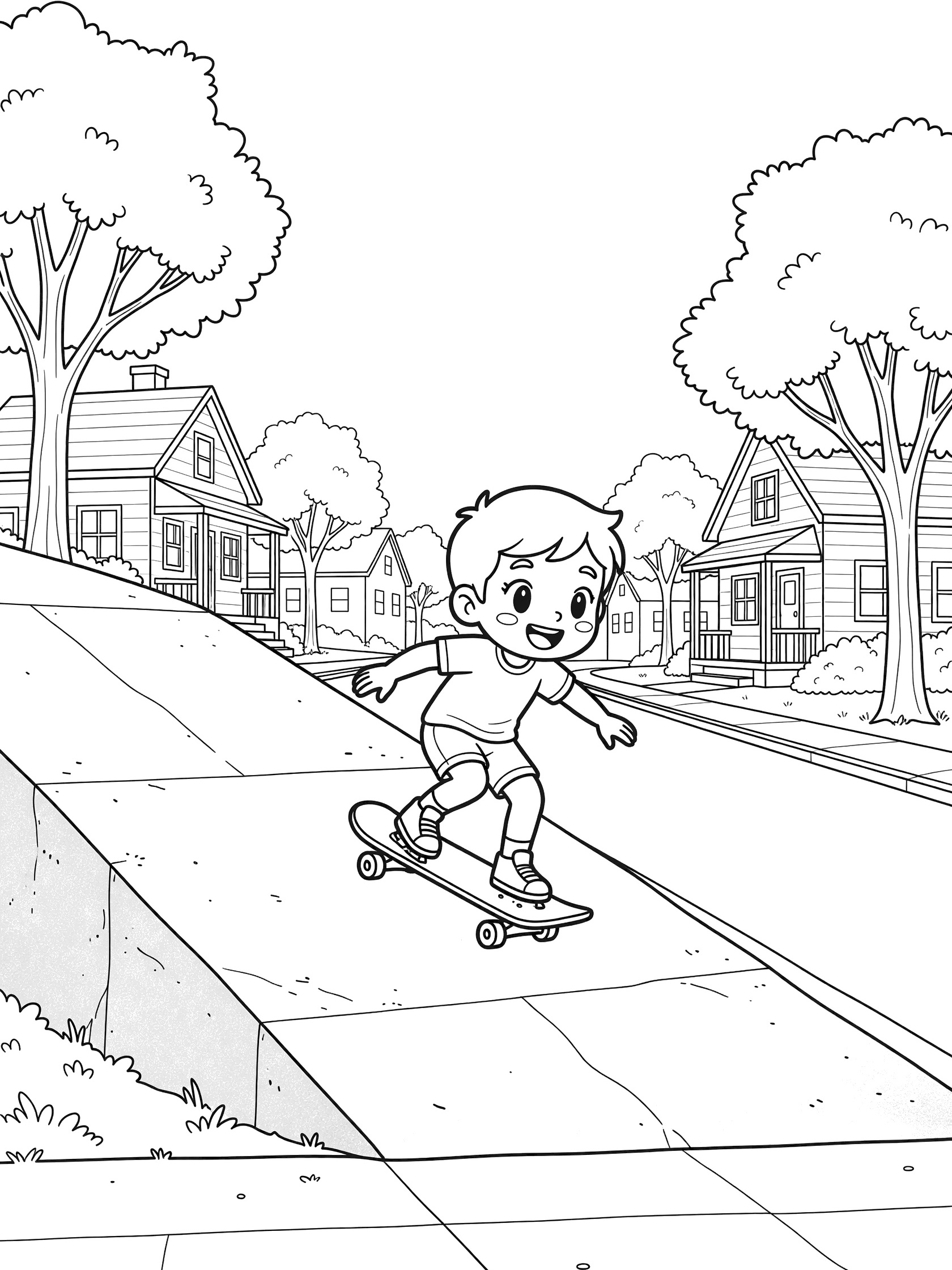 Cute kawaii boy on skateboard dropping speed down steep hill on neighborhood street with houses and trees, line art coloring page
