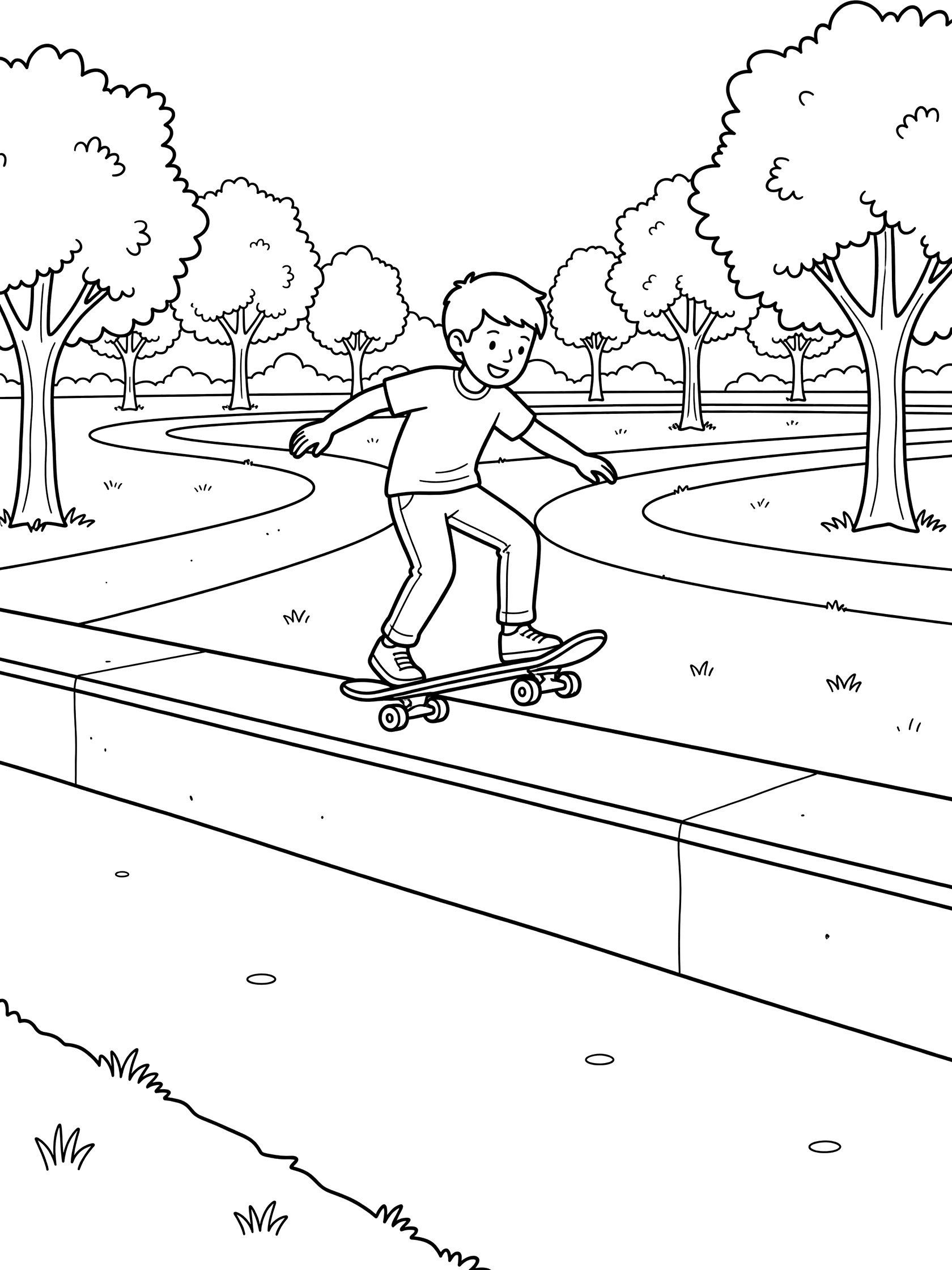 Black-and-white coloring page of a skateboarder balancing in a manual on a wide concrete park ledge surrounded by trees and paths.