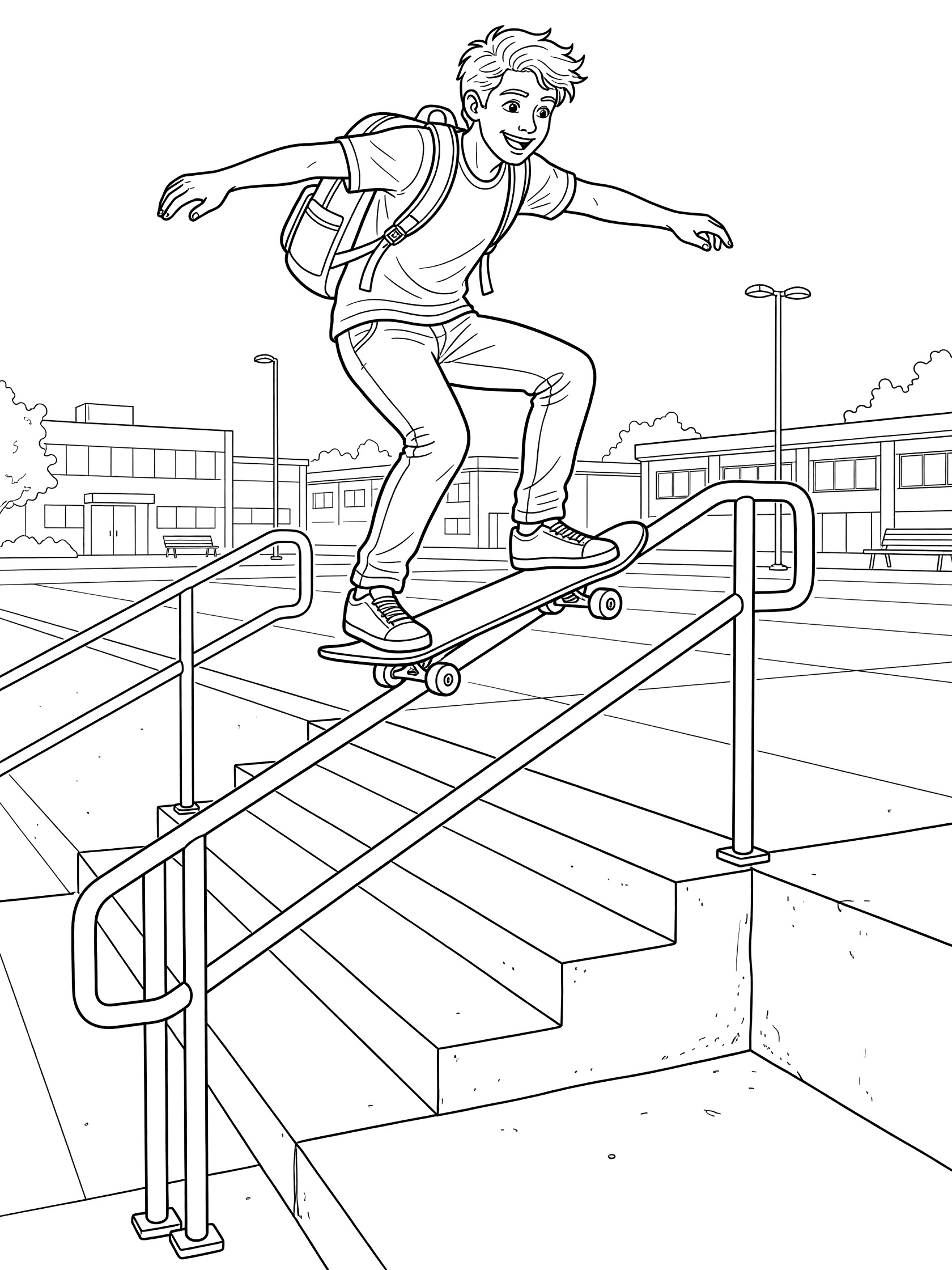 Black and white coloring page showing excited skateboarder boardsliding sideways on handrail of school stairs with backpack and open courtyard background.