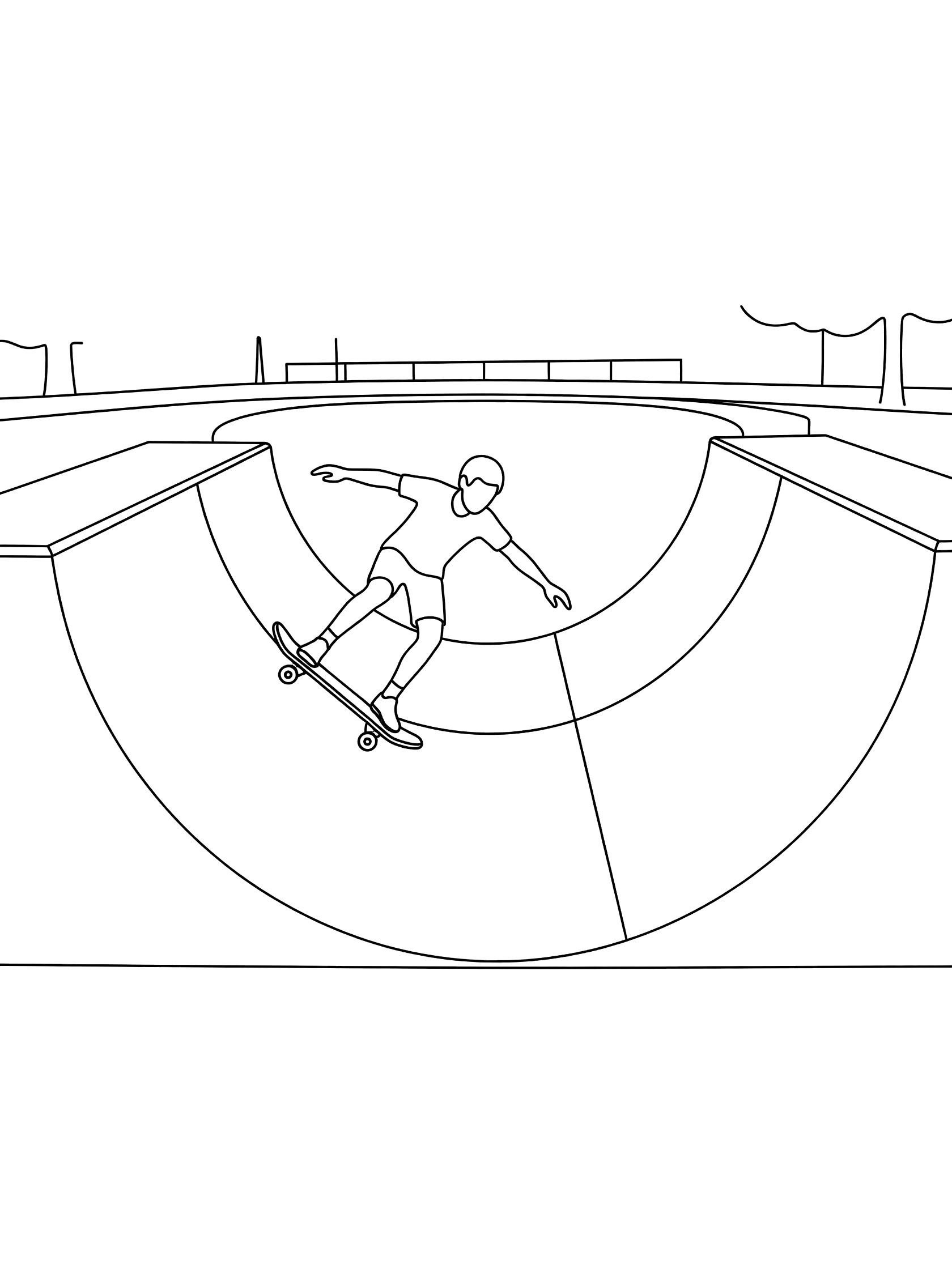 Black and white coloring page of skateboarder in halfpipe carving from bottom up the curved wall with outstretched arms and tilted board