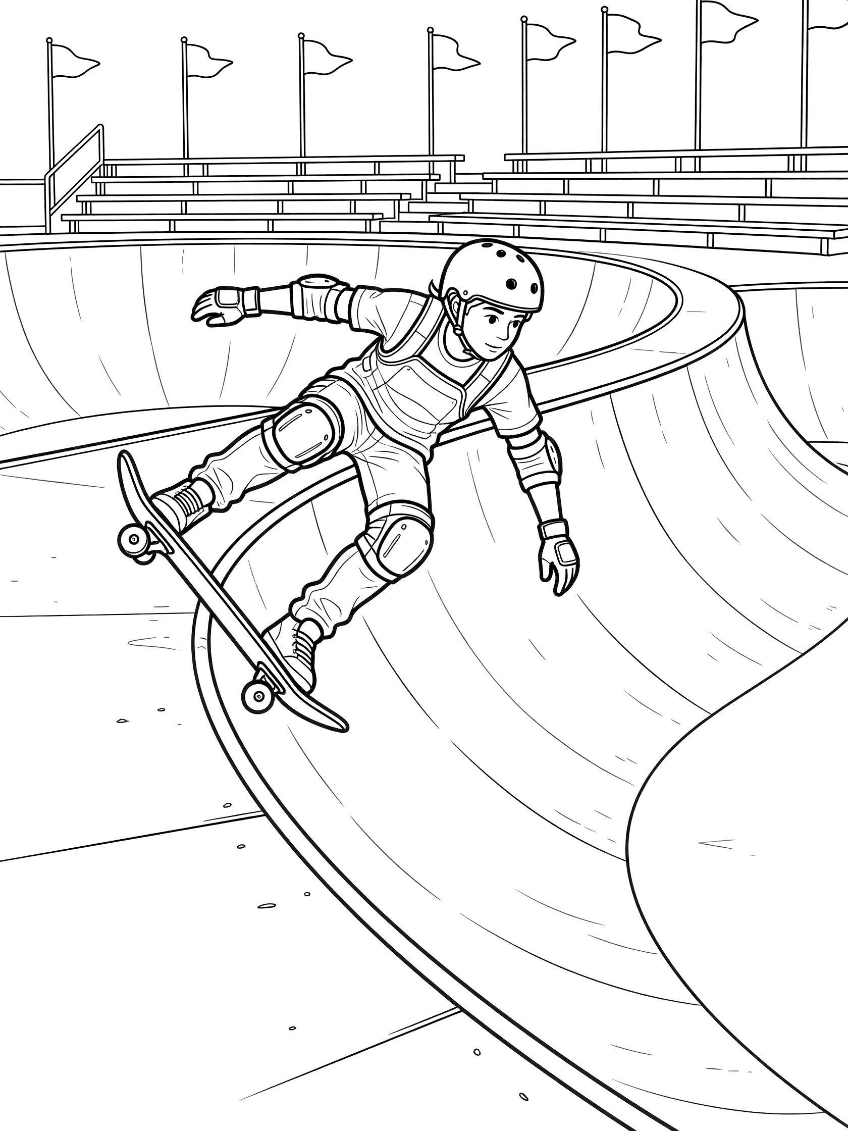 Line art coloring page showing a skater on a skateboard doing a carve turn on a tall half-pipe curve with protective gear, flags, and bleachers in the background.