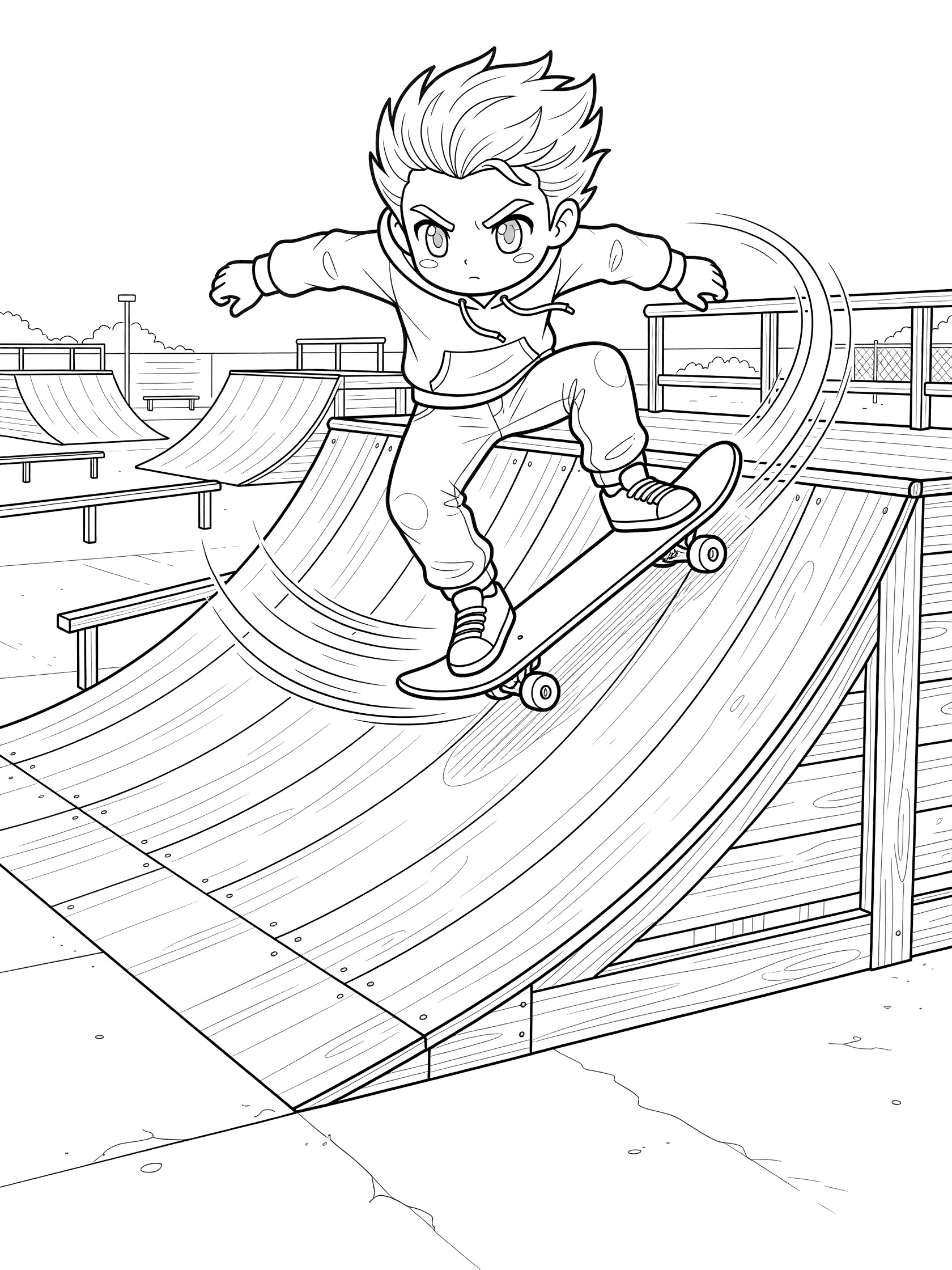 Black and white coloring page of a determined skateboarder carving sharp turns down a steep wooden ramp with speed lines in an outdoor skate park.