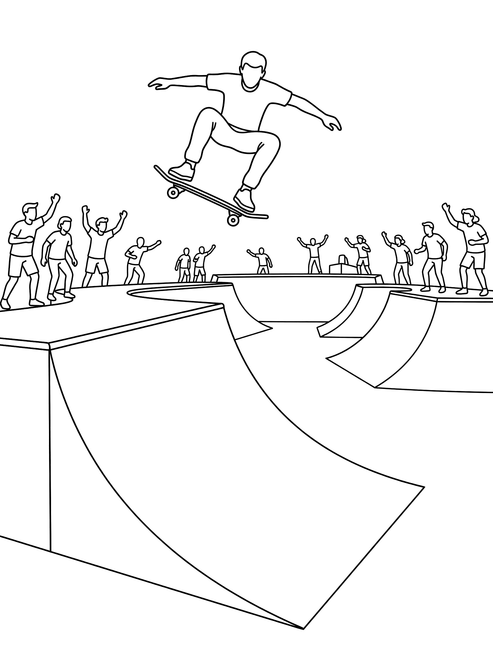 Black-and-white coloring page showing a skateboarder in mid-air landing a trick on a vert ramp, with cheering onlookers and skate park ramps in the background