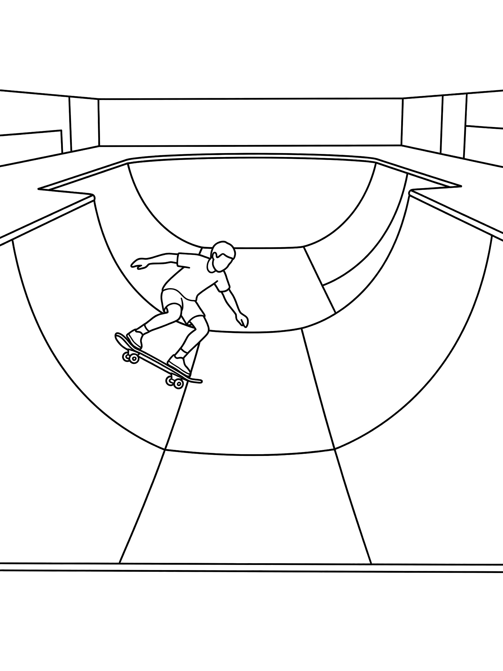 Line art coloring page showing a skateboarder leaning forward on a skateboard, dropping into a curved half-pipe ramp with smooth pipe walls.