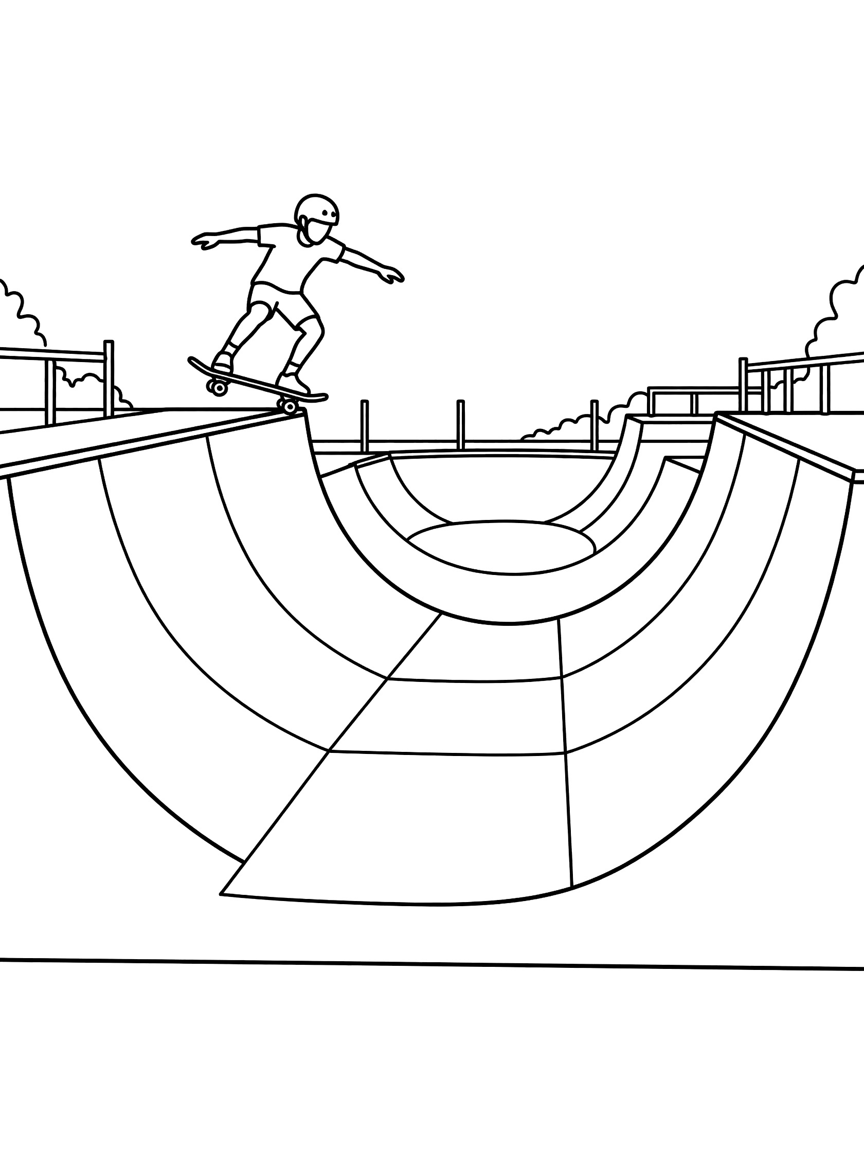 Black and white line art of skateboarder in helmet and shorts dropping into large halfpipe ramp with skateboard angled forward, arms out for balance, skate park setting.