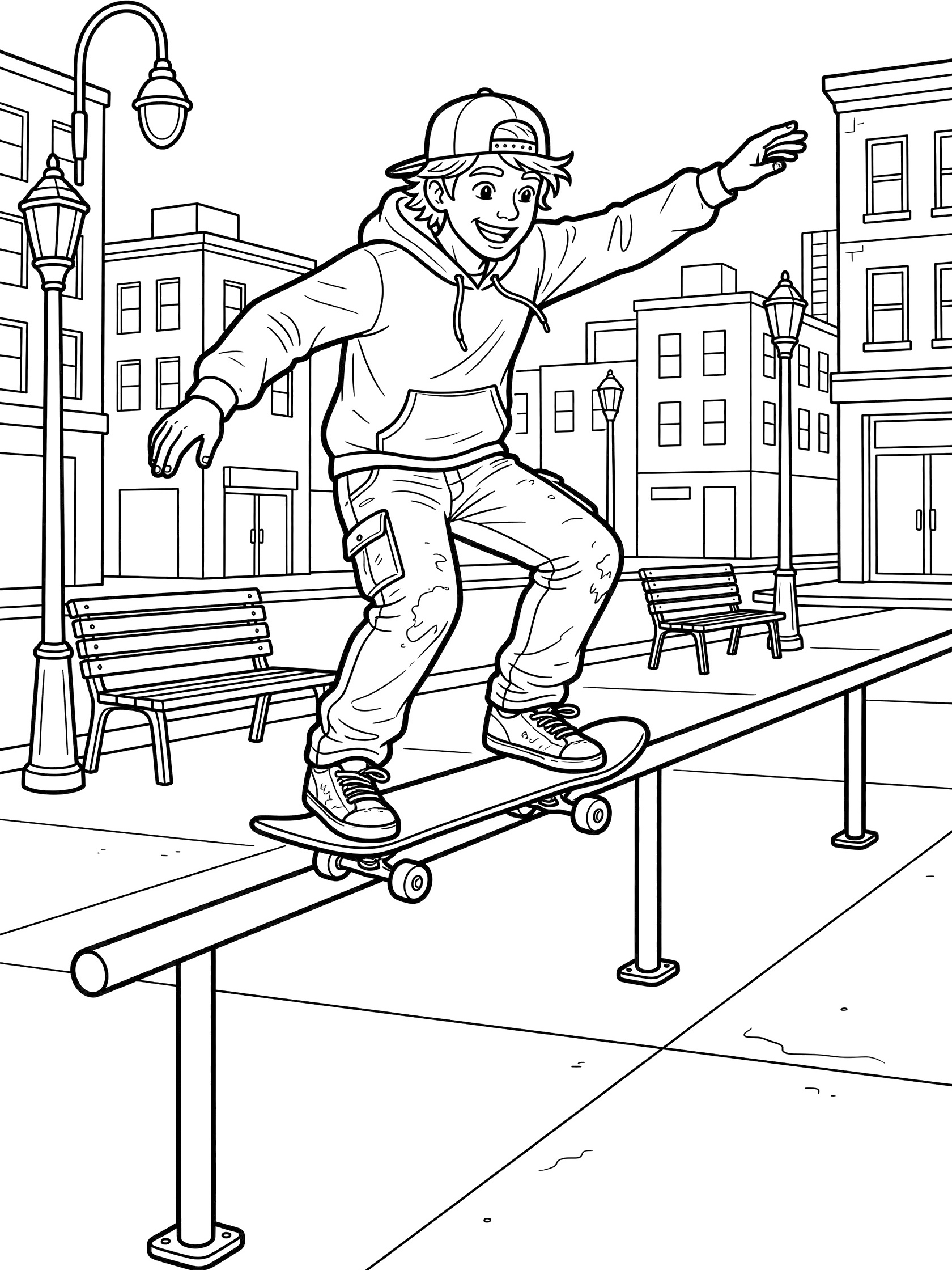 Cheerful skateboarder in hoodie and cap balancing on skateboard while grinding long metal rail on city sidewalk with benches, street lamps and buildings nearby