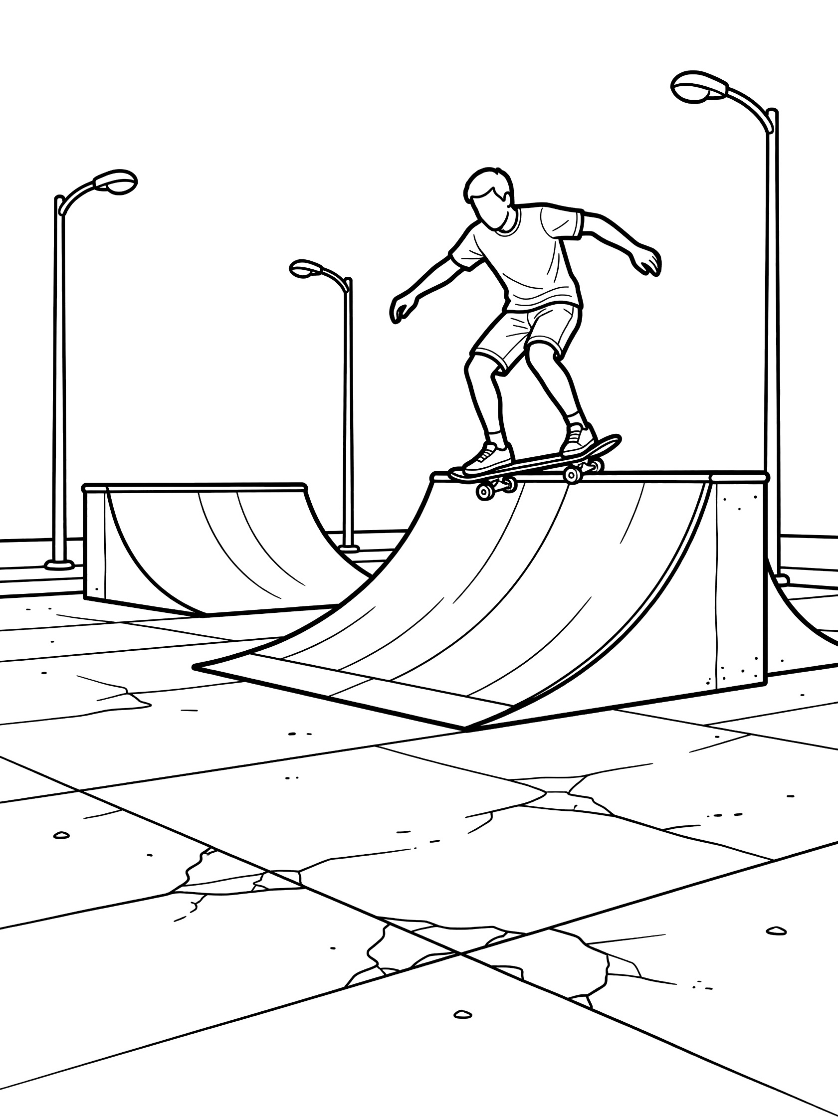 Black and white coloring page of skateboarder balancing on skateboard grinding along ramp coping with nearby street lamps and cracked pavement