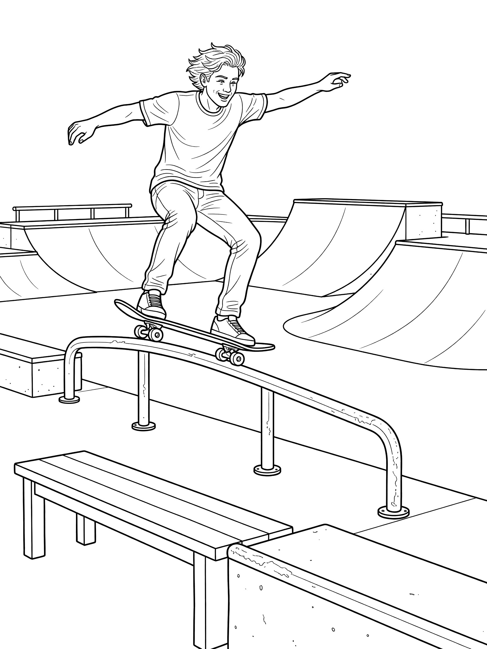Line art coloring page showing a joyful skateboarder with bent knees grinding a skateboard on a curved rail surrounded by skate park ramps and a bench
