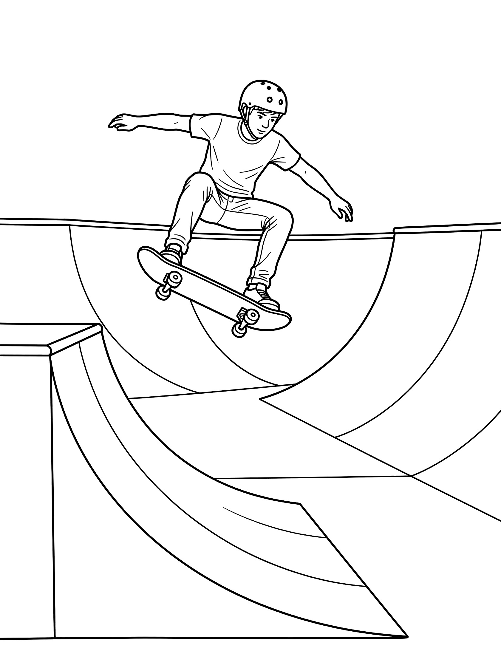 Black-and-white coloring page of a skateboarder in a helmet performing a kickflip with spinning skateboard inside a curved half-pipe ramp.
