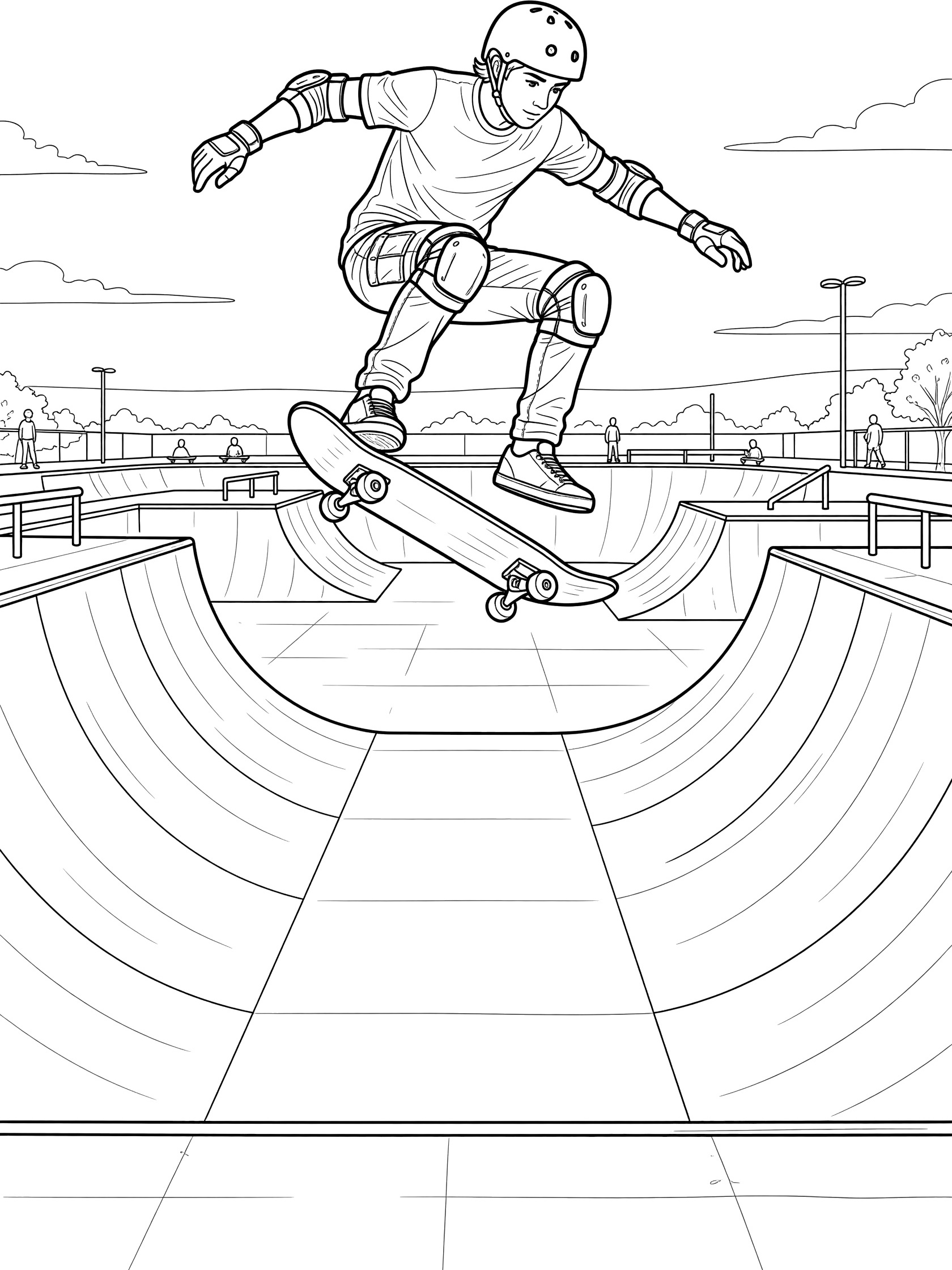 Black-and-white coloring page showing a helmeted skateboarder mid-kickflip with board spinning below feet above a halfpipe in a skate park.