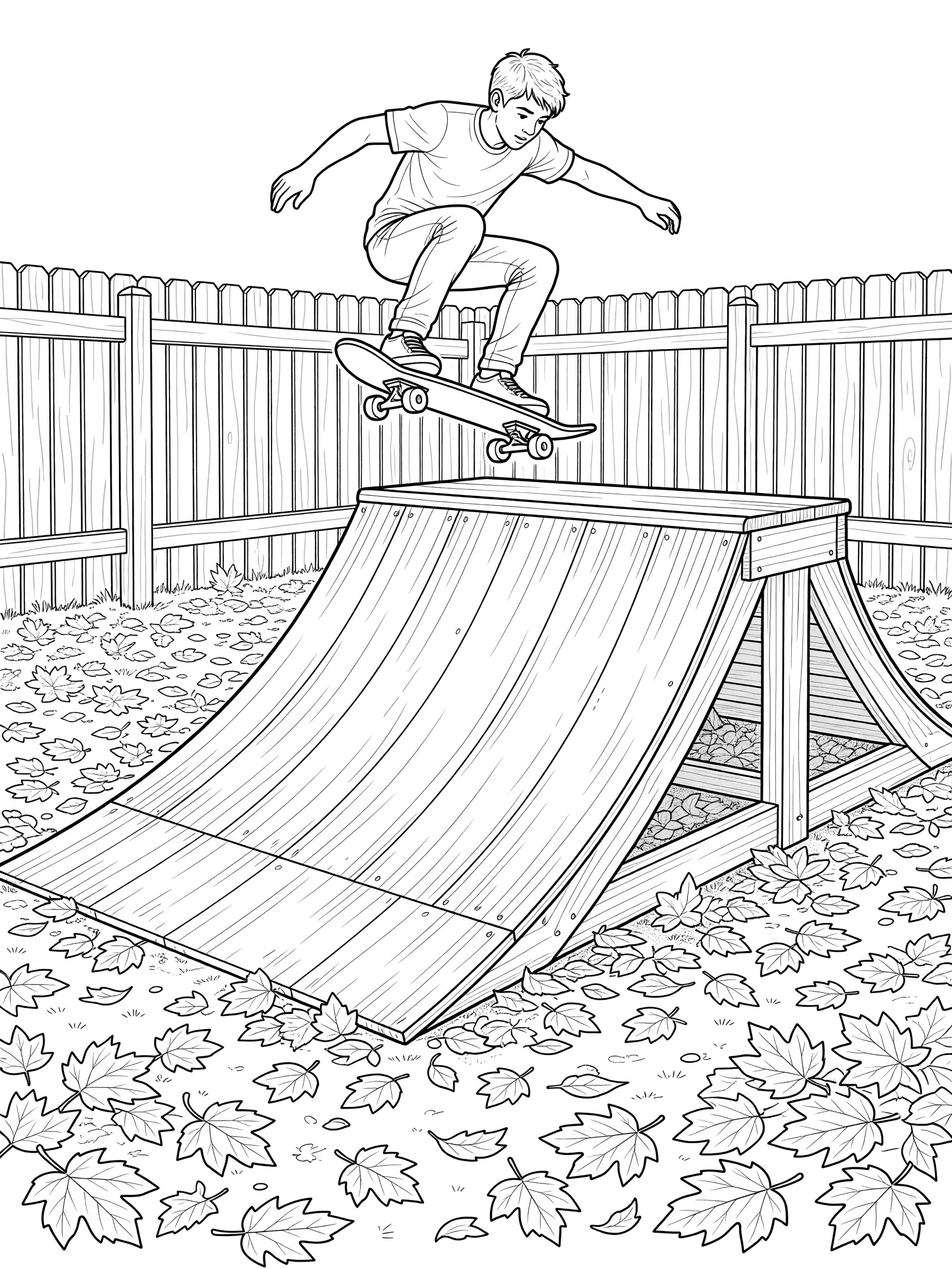 Line art coloring page showing skateboarder in mid-air kickflip with board spinning over wooden ramp, backyard fence, and fall leaves.