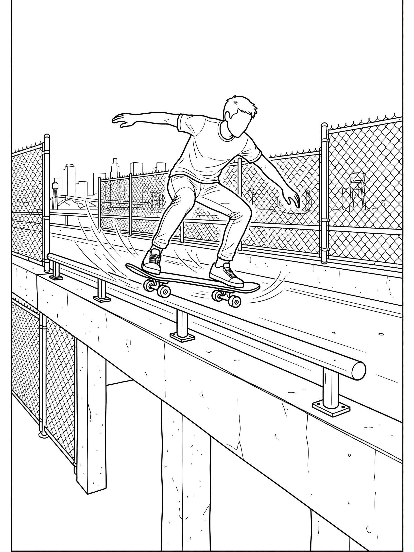 Black and white coloring page showing a skateboarder performing a lipslide on a rail with skateboard perpendicular, motion lines, chain-link fences, and city skyline in background.