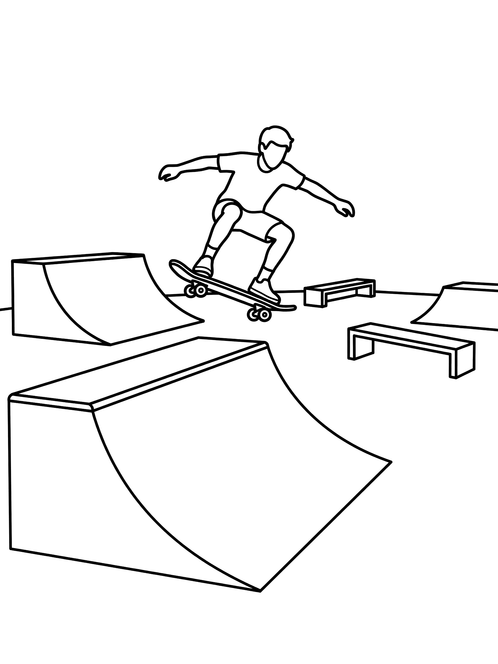Line art coloring page showing a skateboarder mid-ollie jumping over a ramp with other skate park ramps in the background