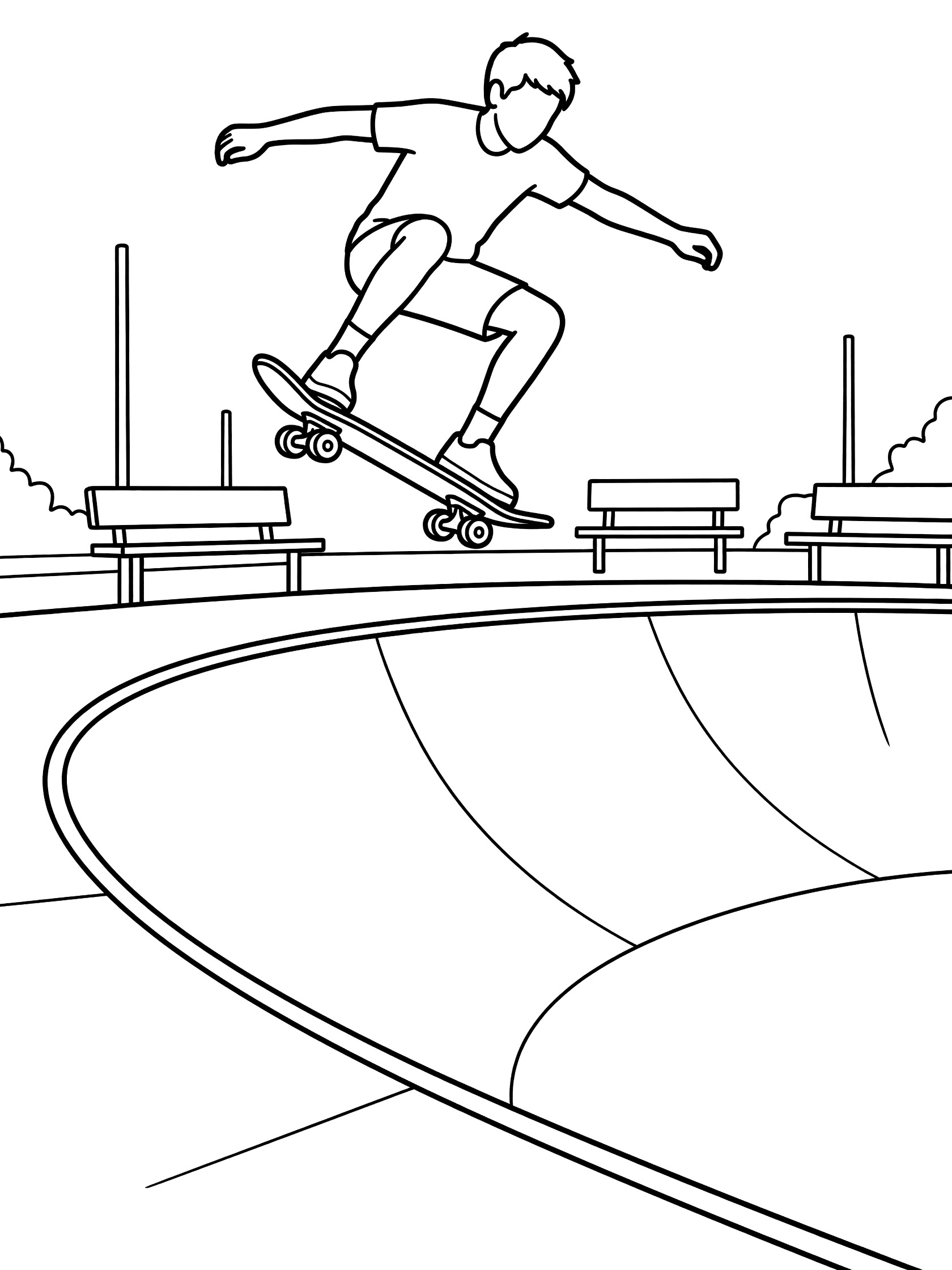 Line art coloring page showing a skateboarder ollieing high off a curved concrete ramp with skate park benches in the background