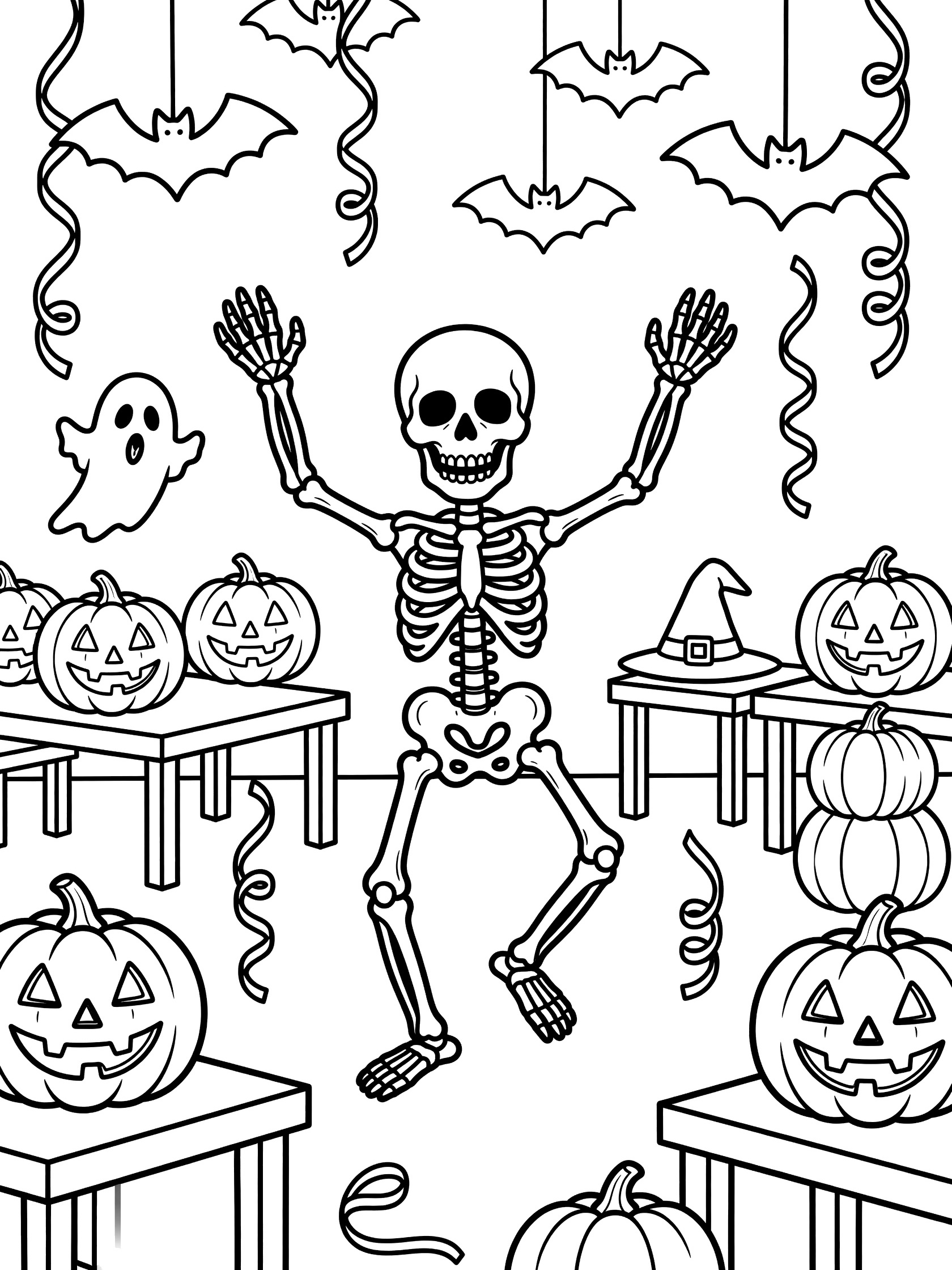 Line art coloring page showing a friendly skeleton with raised arms dancing at a Halloween party surrounded by paper bats, glowing jack-o-lanterns on tables, a ghost, witch hat, and dangling streamers