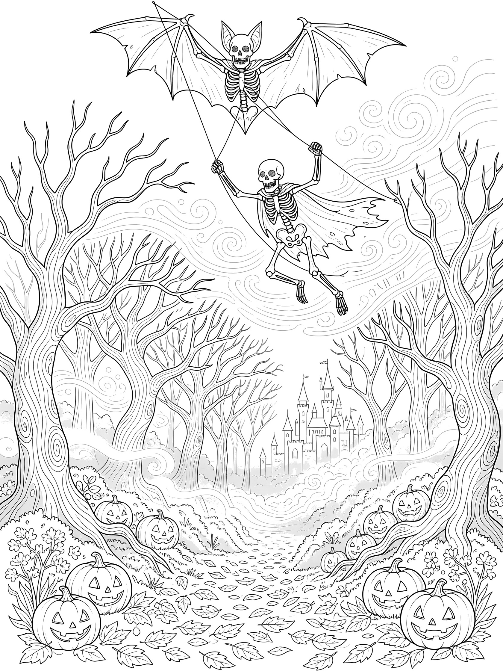 Skeleton with cape flying a bat kite high above Halloween forest with pumpkins, twisted trees, fog, leaves, and castle silhouette coloring page