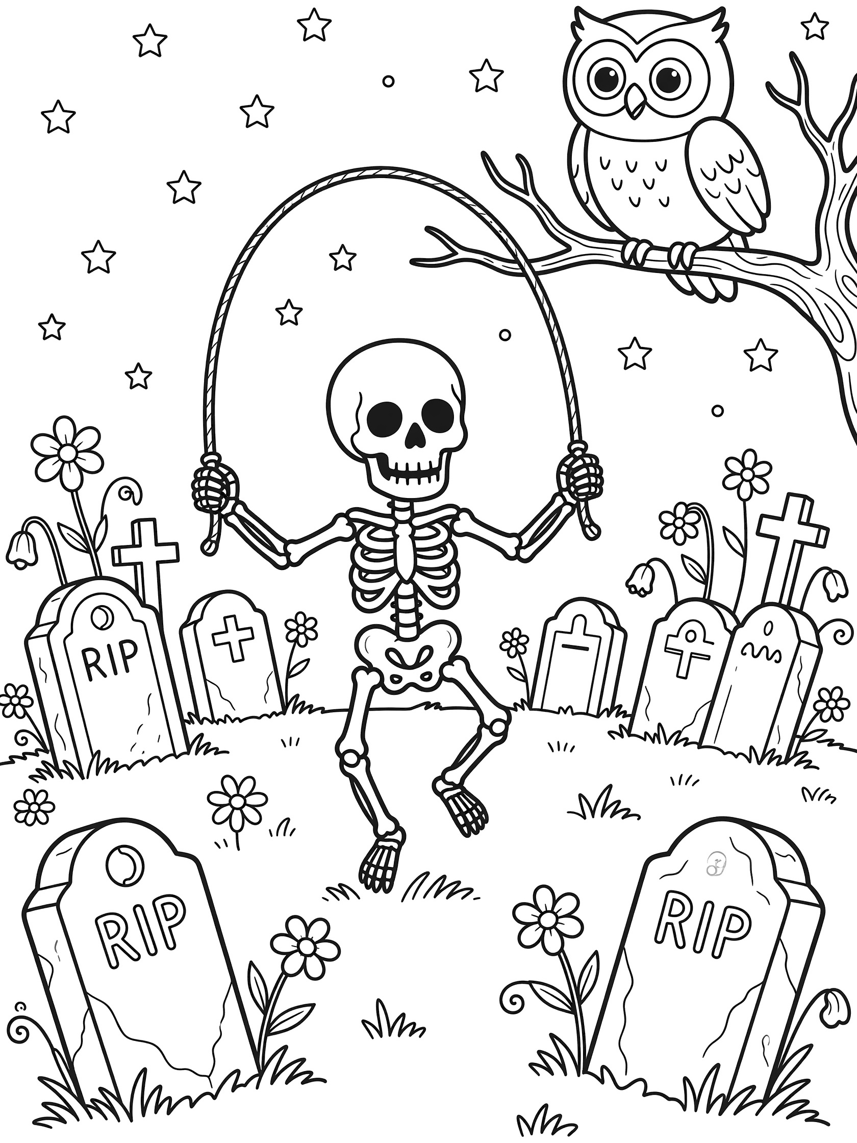Cute skeleton playing jump rope in a haunted graveyard coloring page with tombstones, owl on branch, stars, and flowers