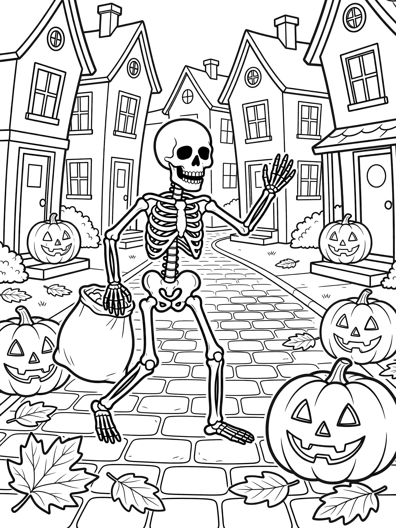 Black-and-white line art of a skeleton holding a candy bag and waving while trick-or-treating on a Halloween street lined with crooked houses, lit windows, porches with pumpkins, and fallen leaves.