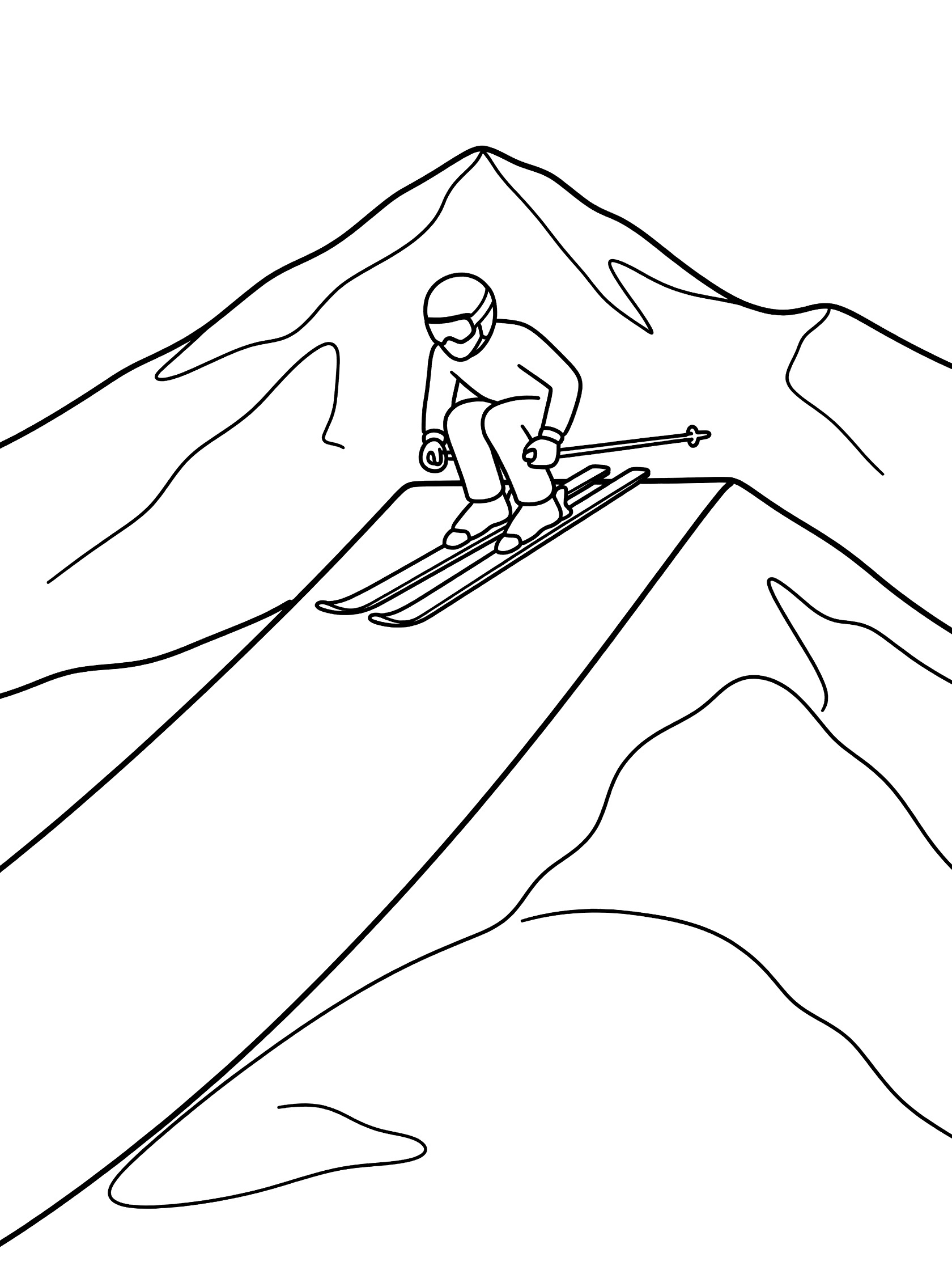 Black and white line art of ski jumper in crouched start position on snowy ramp with helmet and poles